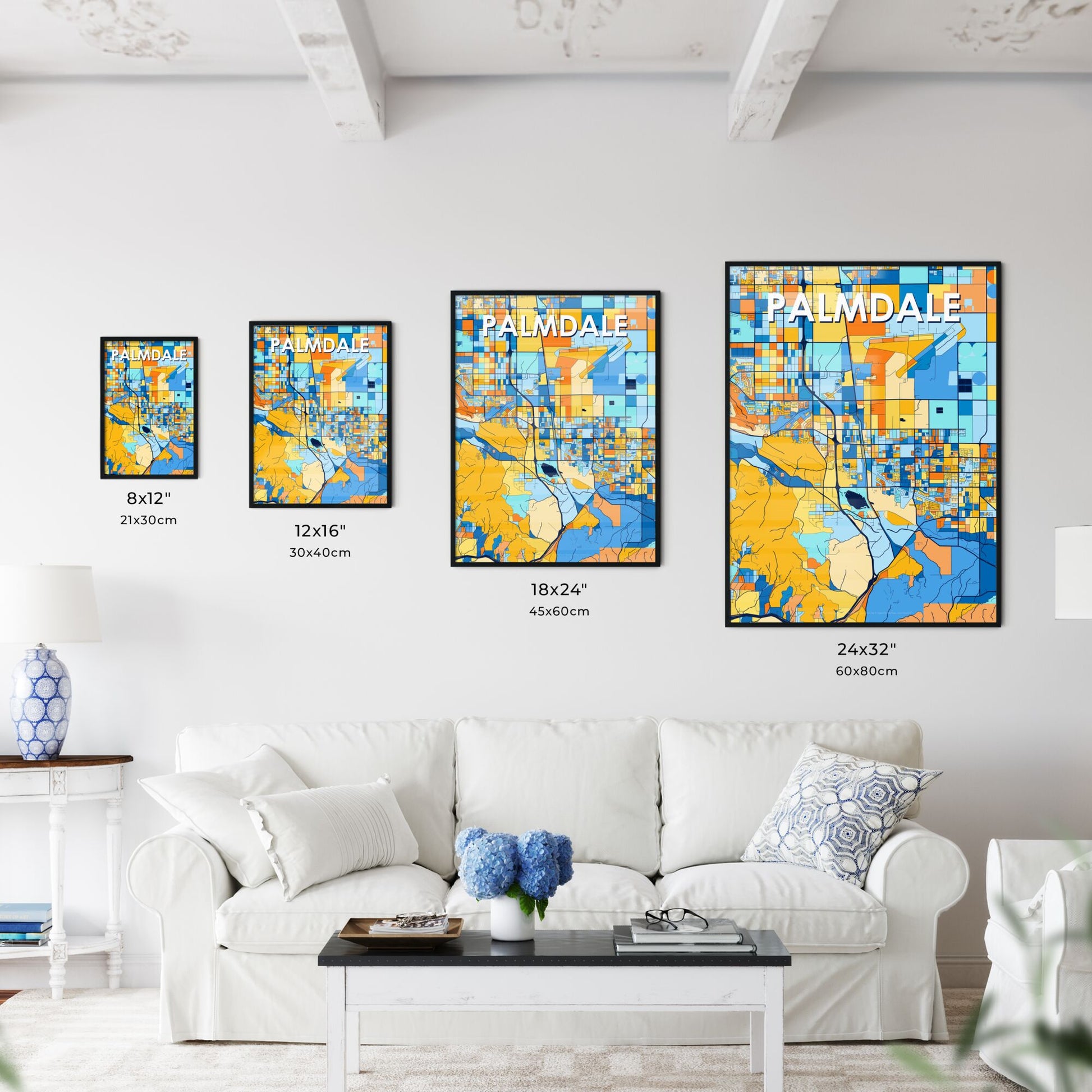 PALMDALE CALIFORNIA Vibrant Colorful Art Map Poster Blue Orange