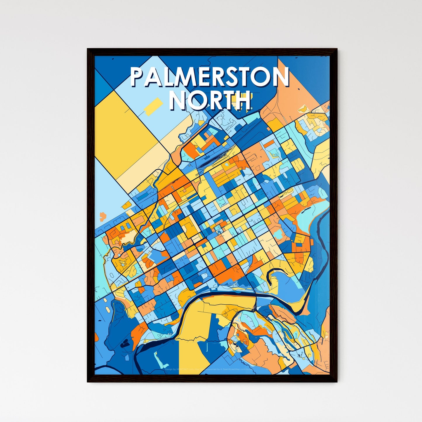 PALMERSTON NORTH NEW ZEALAND Vibrant Colorful Art Map Poster Blue Orange