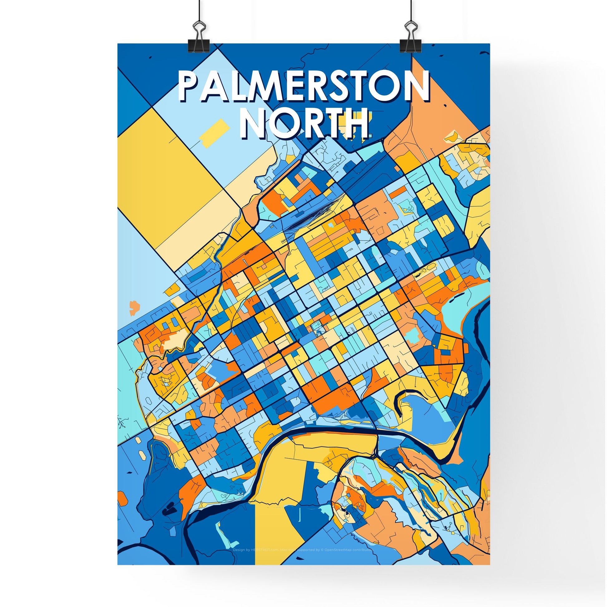 PALMERSTON NORTH NEW ZEALAND Vibrant Colorful Art Map Poster Blue Orange