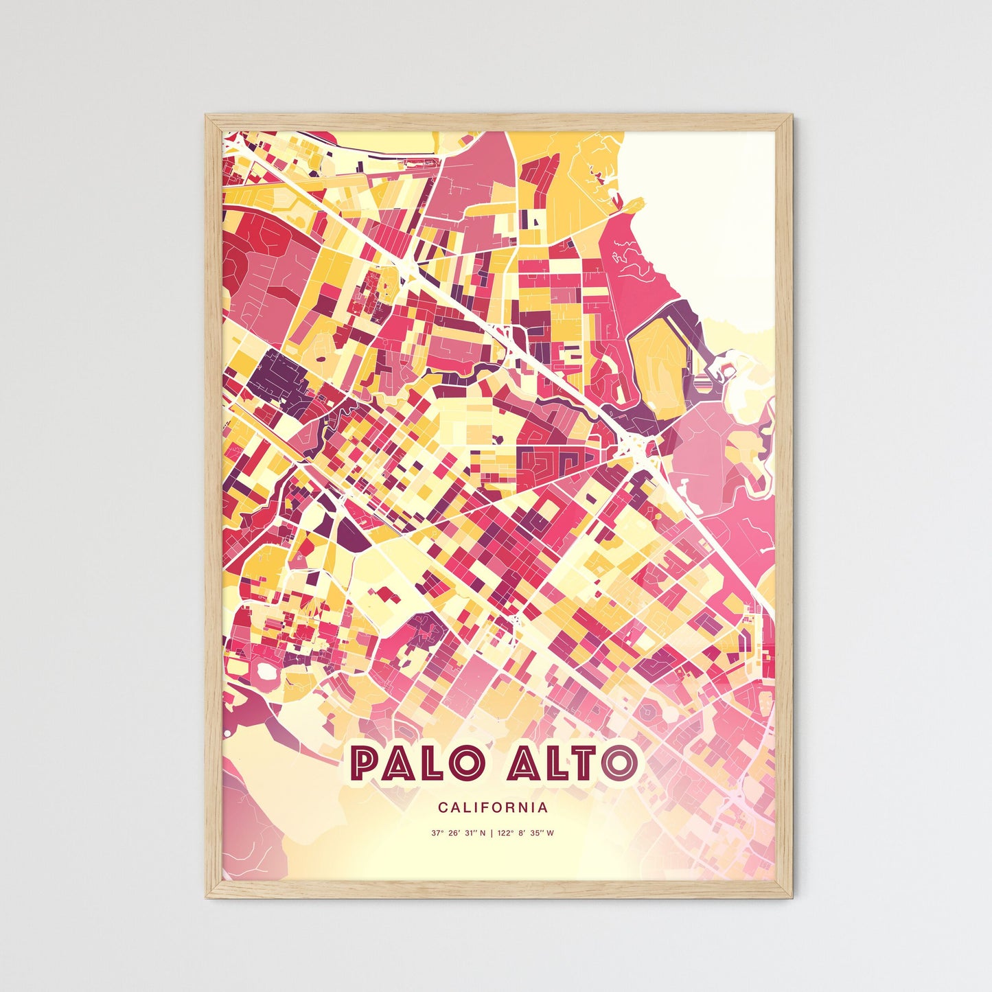 Colorful Palo Alto California Fine Art Map Hot Red
