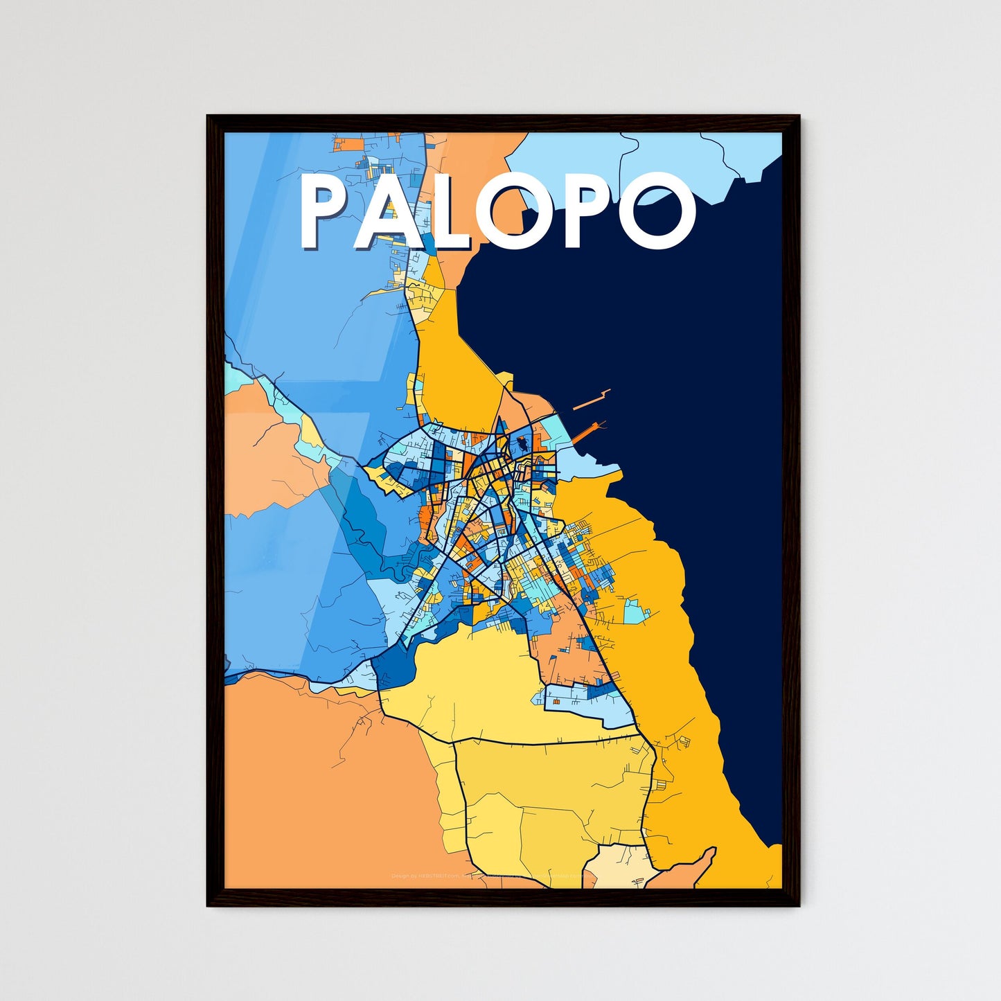 PALOPO INDONESIA Vibrant Colorful Art Map Poster Blue Orange