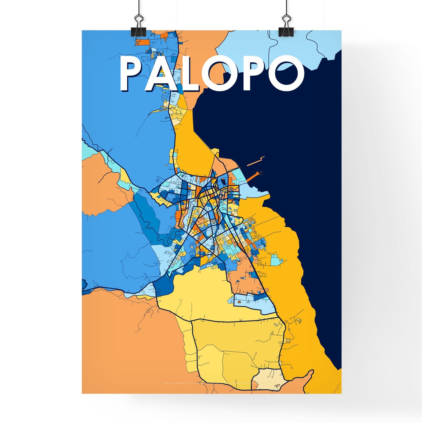 PALOPO INDONESIA Vibrant Colorful Art Map Poster Blue Orange