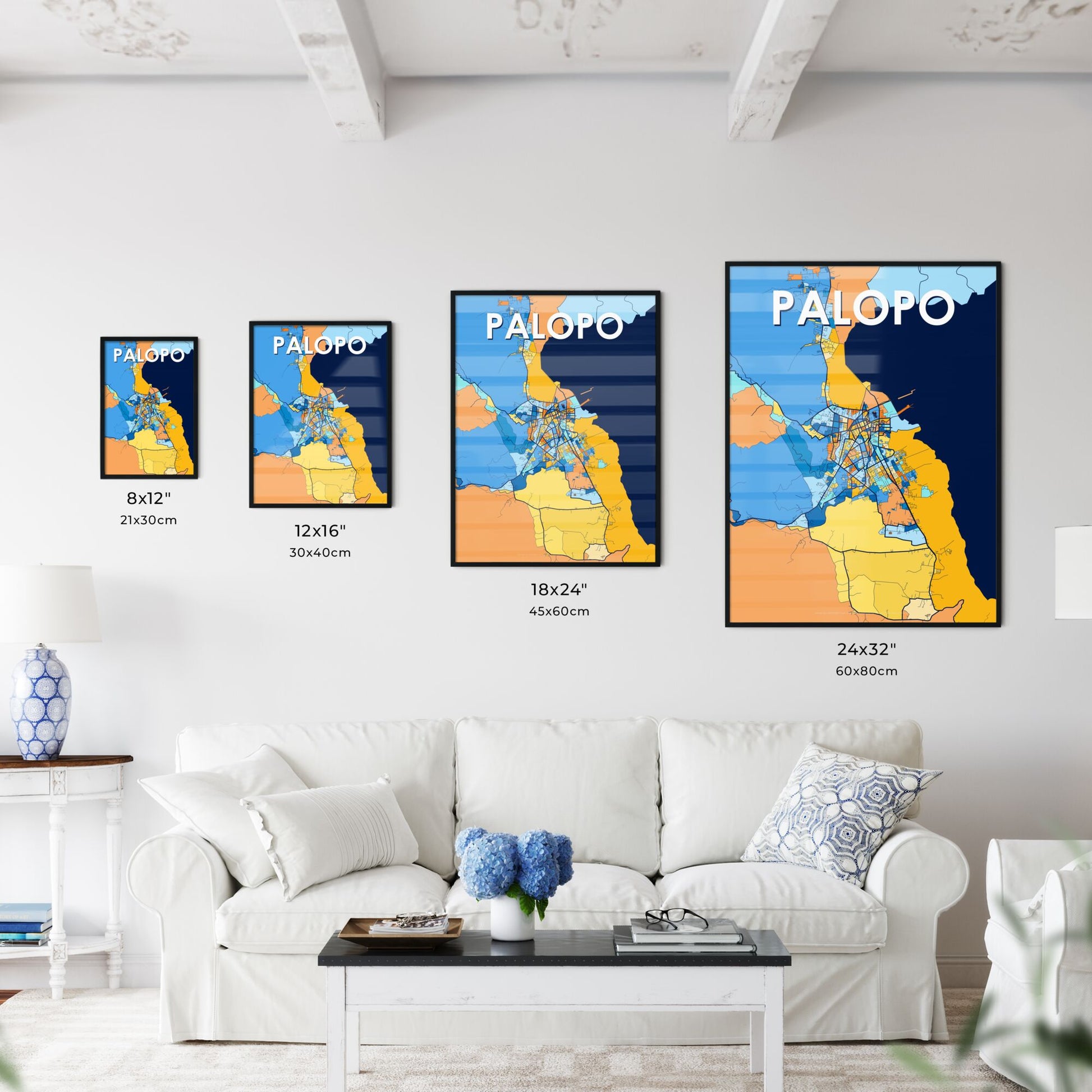 PALOPO INDONESIA Vibrant Colorful Art Map Poster Blue Orange