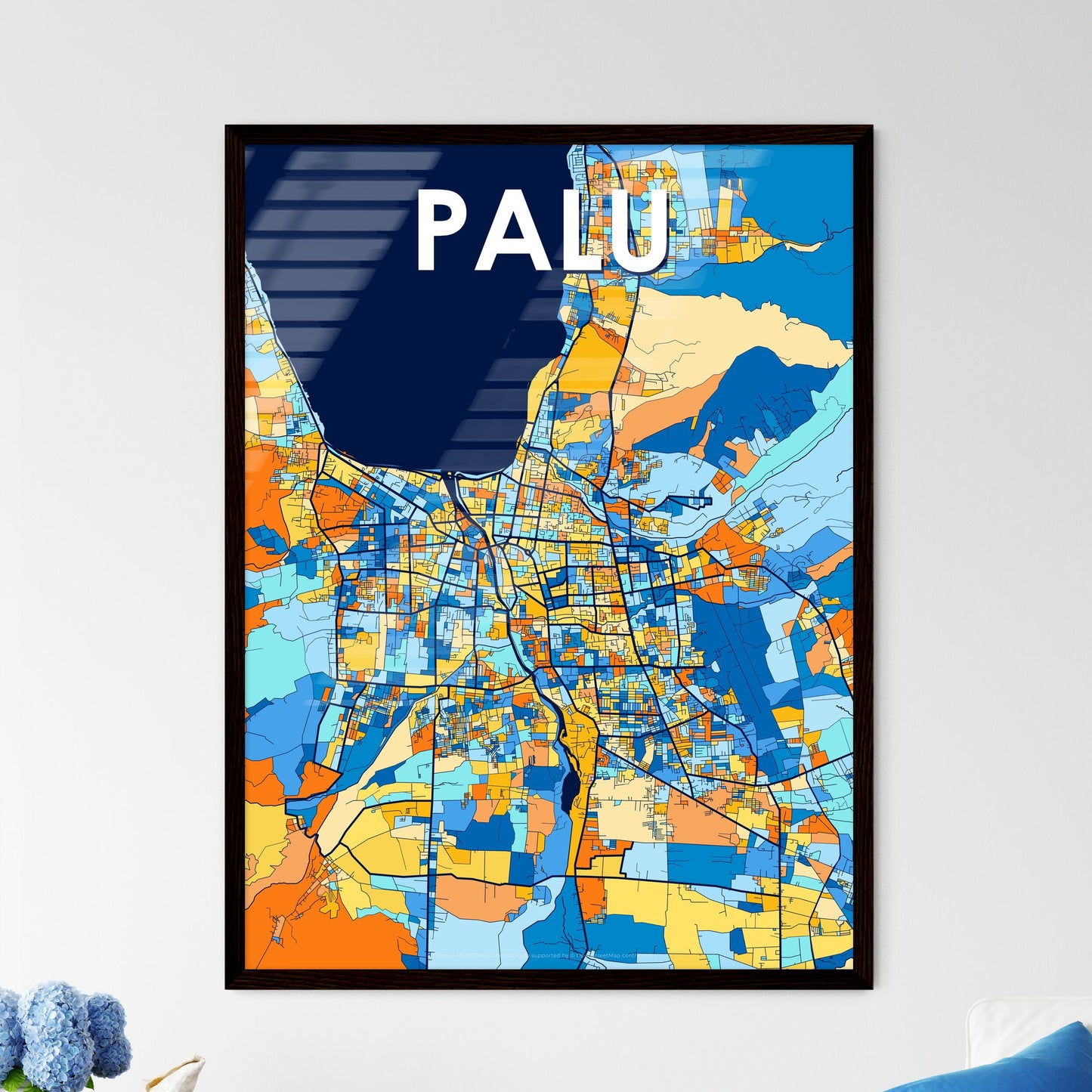 PALU INDONESIA Vibrant Colorful Art Map Poster Blue Orange