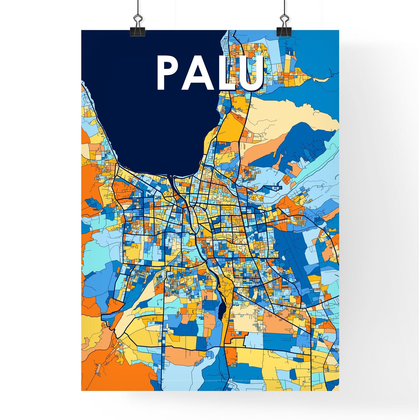 PALU INDONESIA Vibrant Colorful Art Map Poster Blue Orange