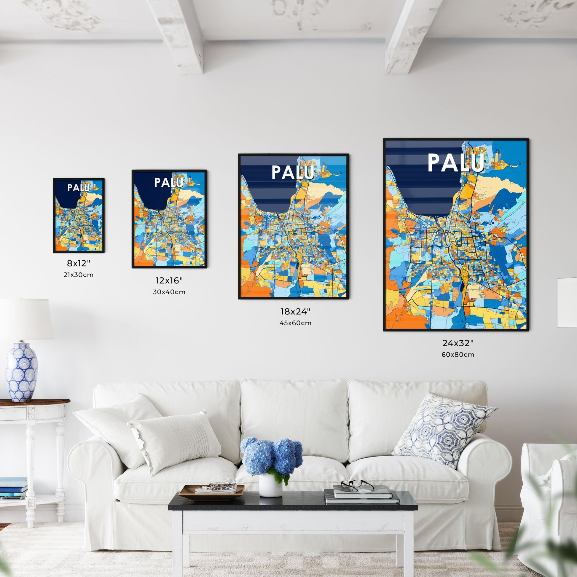 PALU INDONESIA Vibrant Colorful Art Map Poster Blue Orange