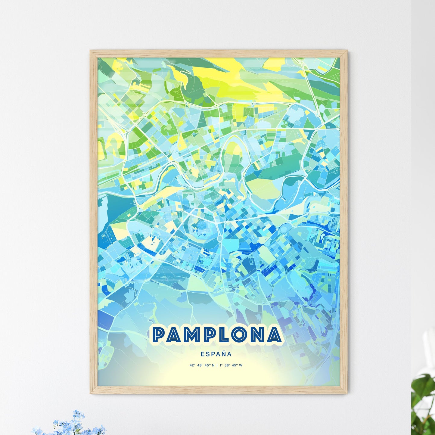 Colorful Pamplona Spain Fine Art Map Cool Blue