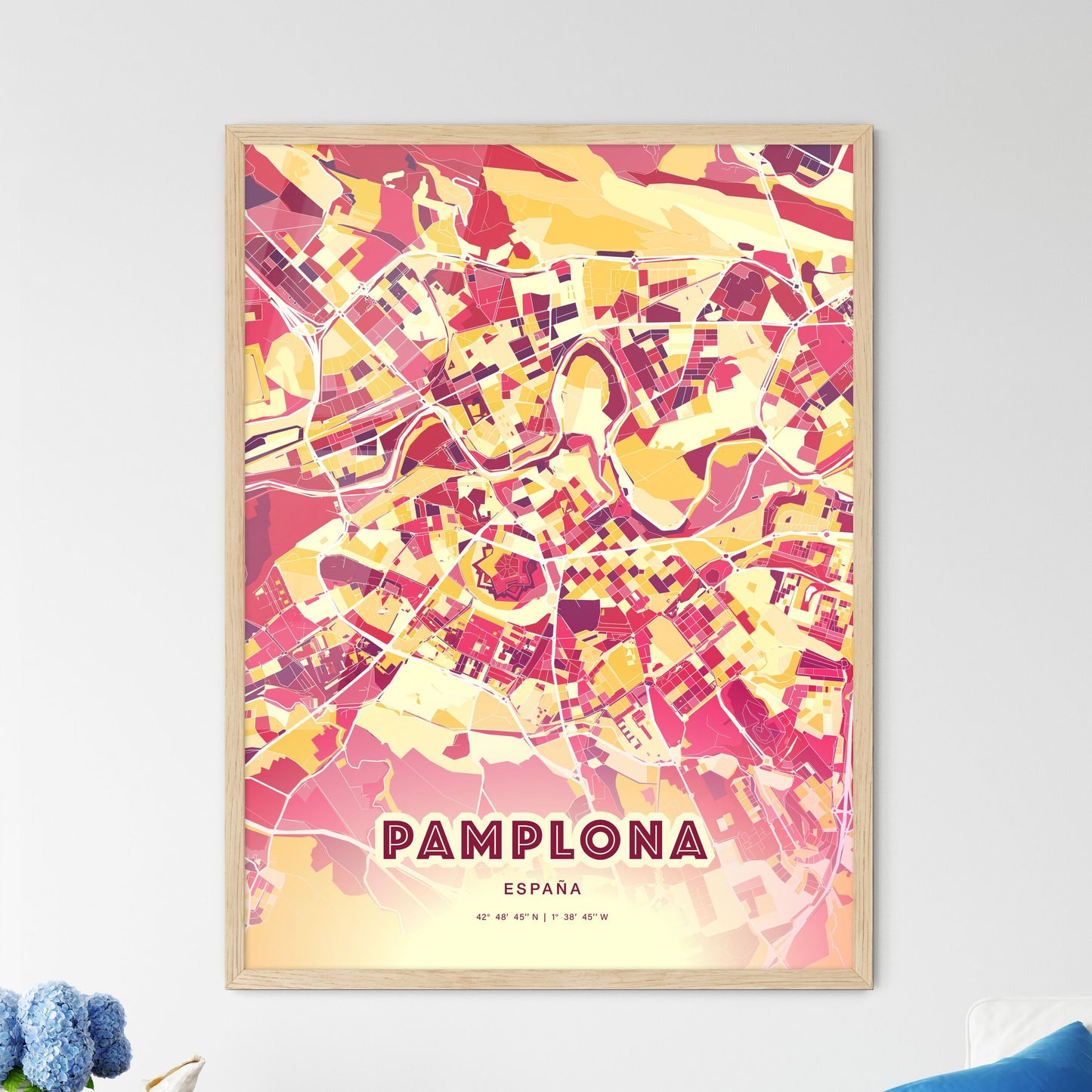 Colorful Pamplona Spain Fine Art Map Hot Red