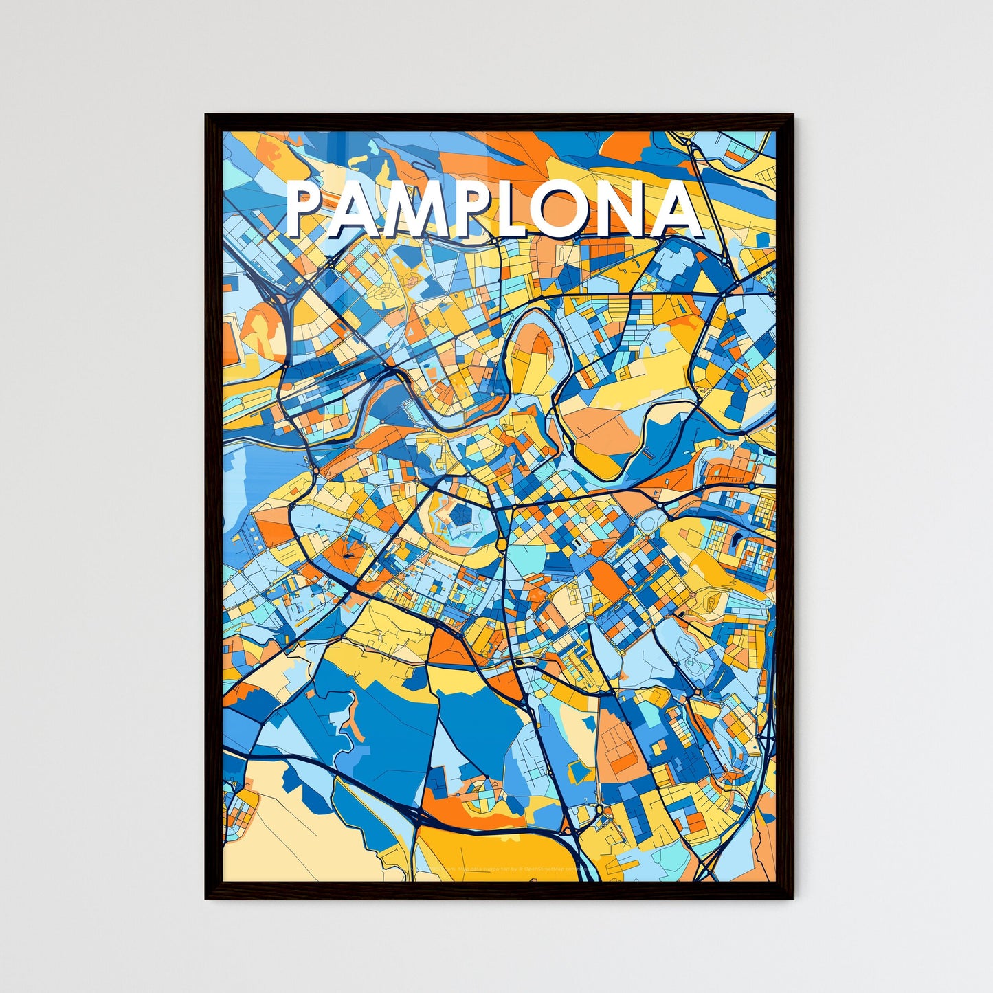 PAMPLONA SPAIN Vibrant Colorful Art Map Poster Blue Orange