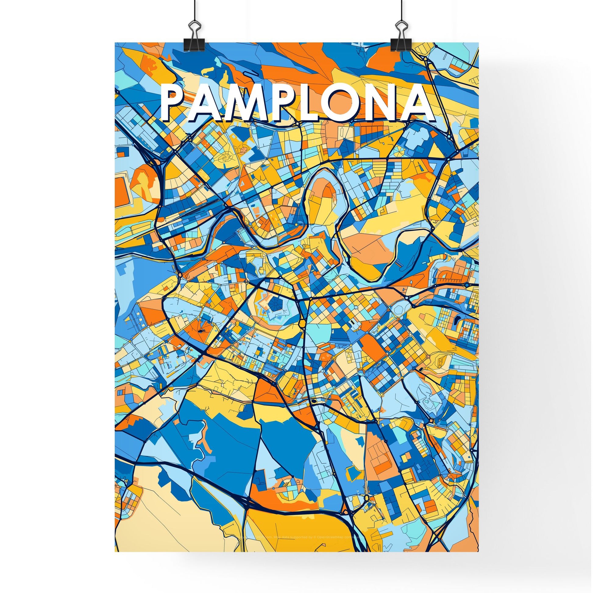 PAMPLONA SPAIN Vibrant Colorful Art Map Poster Blue Orange