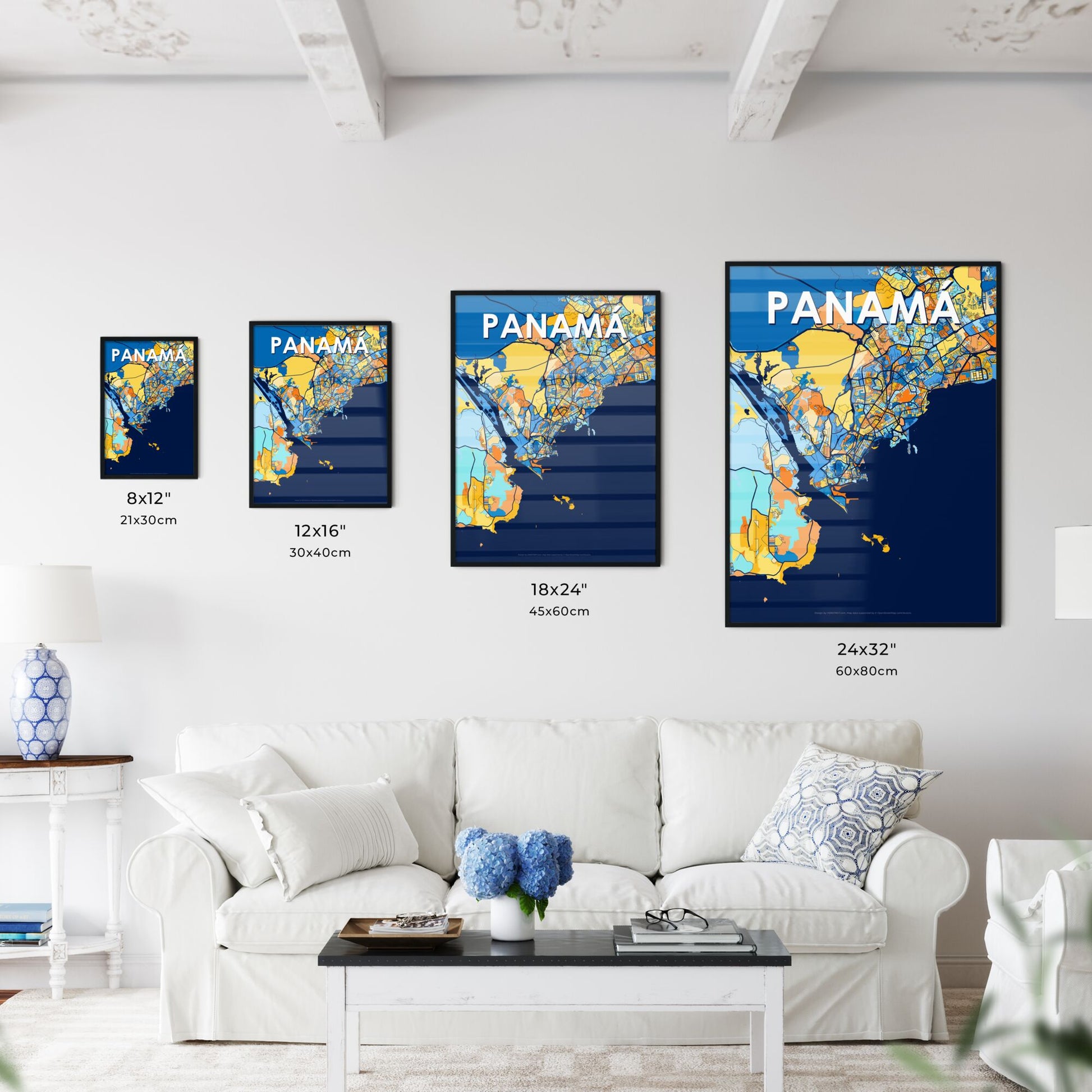 PANAMÁ PANAMA Vibrant Colorful Art Map Poster Blue Orange