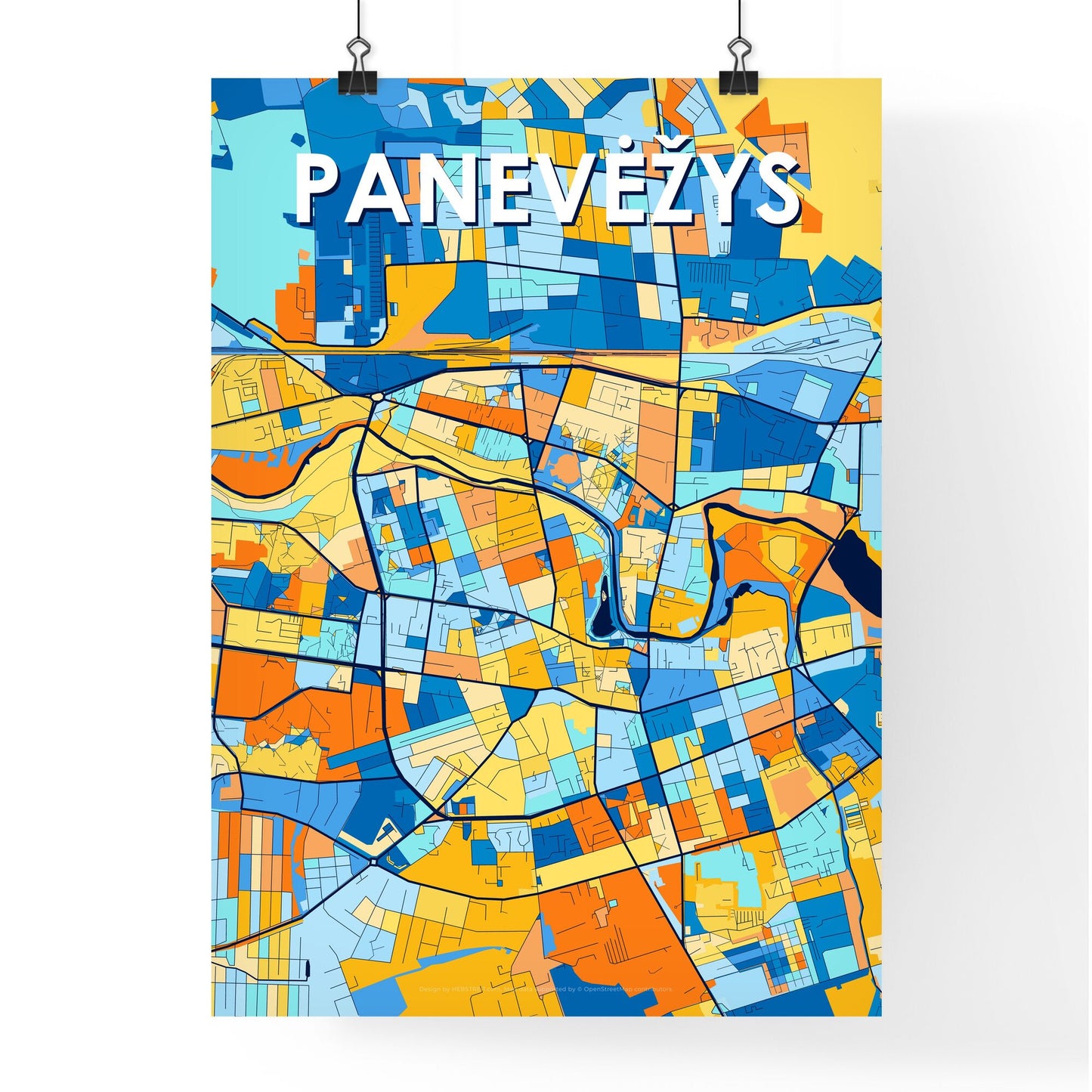 PANEVĖŽYS LITHUANIA Vibrant Colorful Art Map Poster Blue Orange