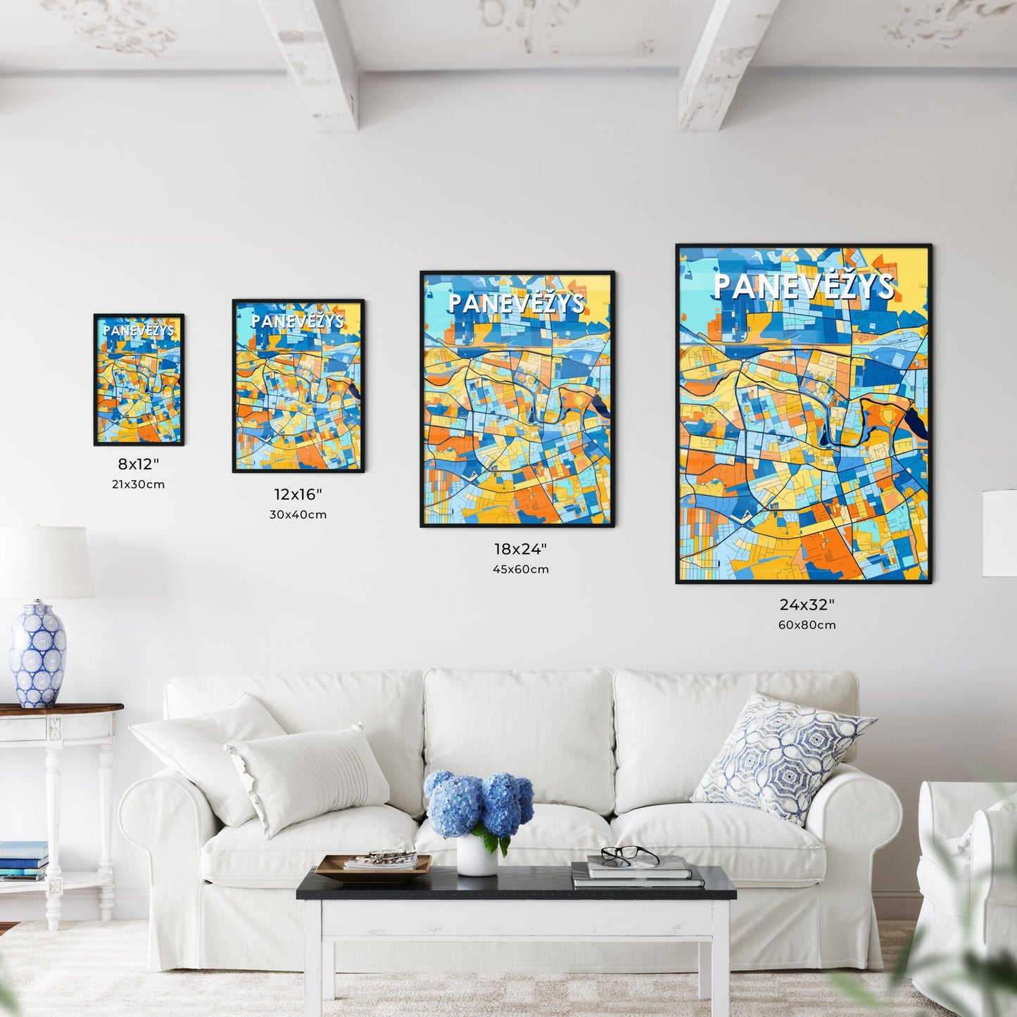 PANEVĖŽYS LITHUANIA Vibrant Colorful Art Map Poster Blue Orange