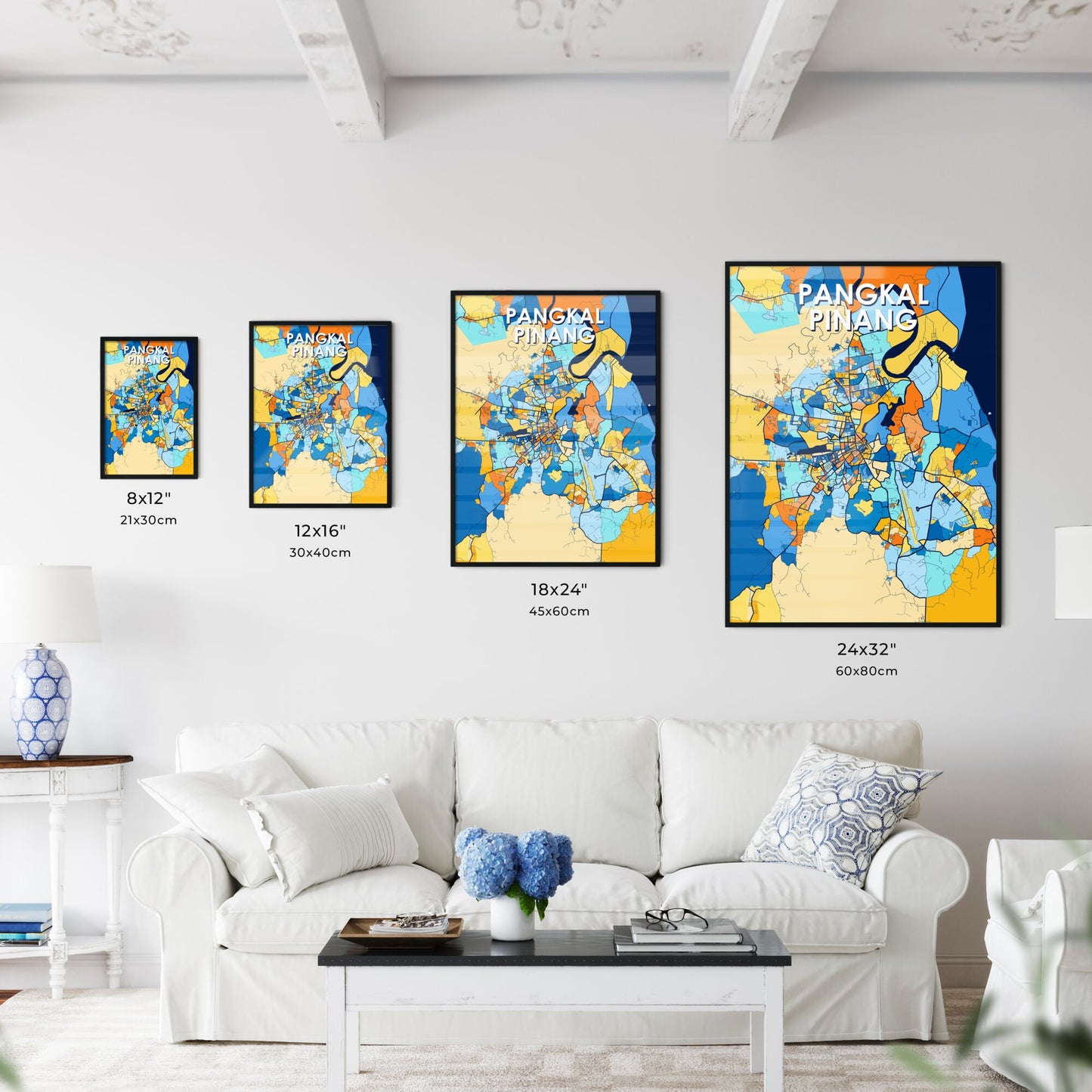 PANGKAL PINANG INDONESIA Vibrant Colorful Art Map Poster Blue Orange