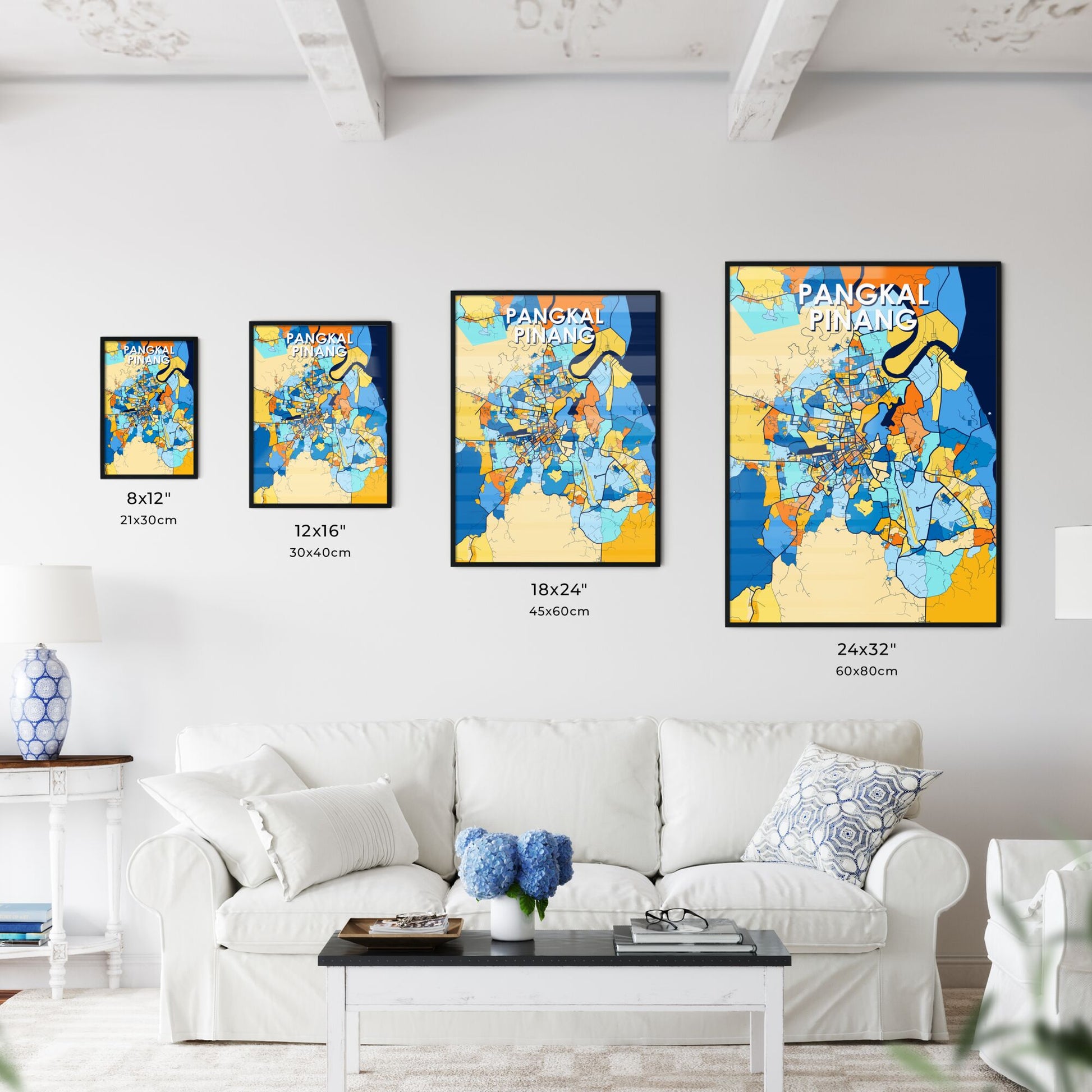 PANGKAL PINANG INDONESIA Vibrant Colorful Art Map Poster Blue Orange