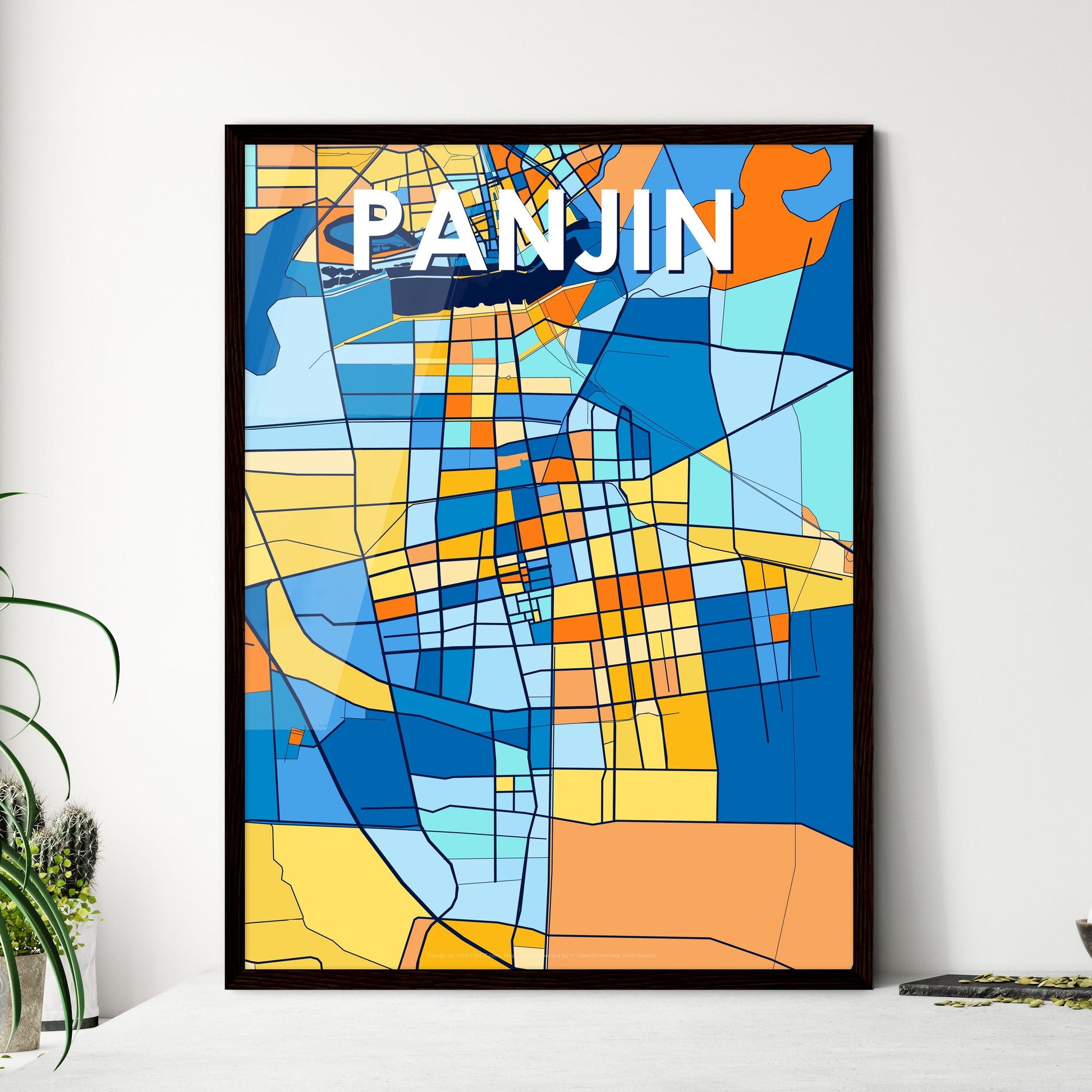 PANJIN CHINA Vibrant Colorful Art Map Poster Blue Orange