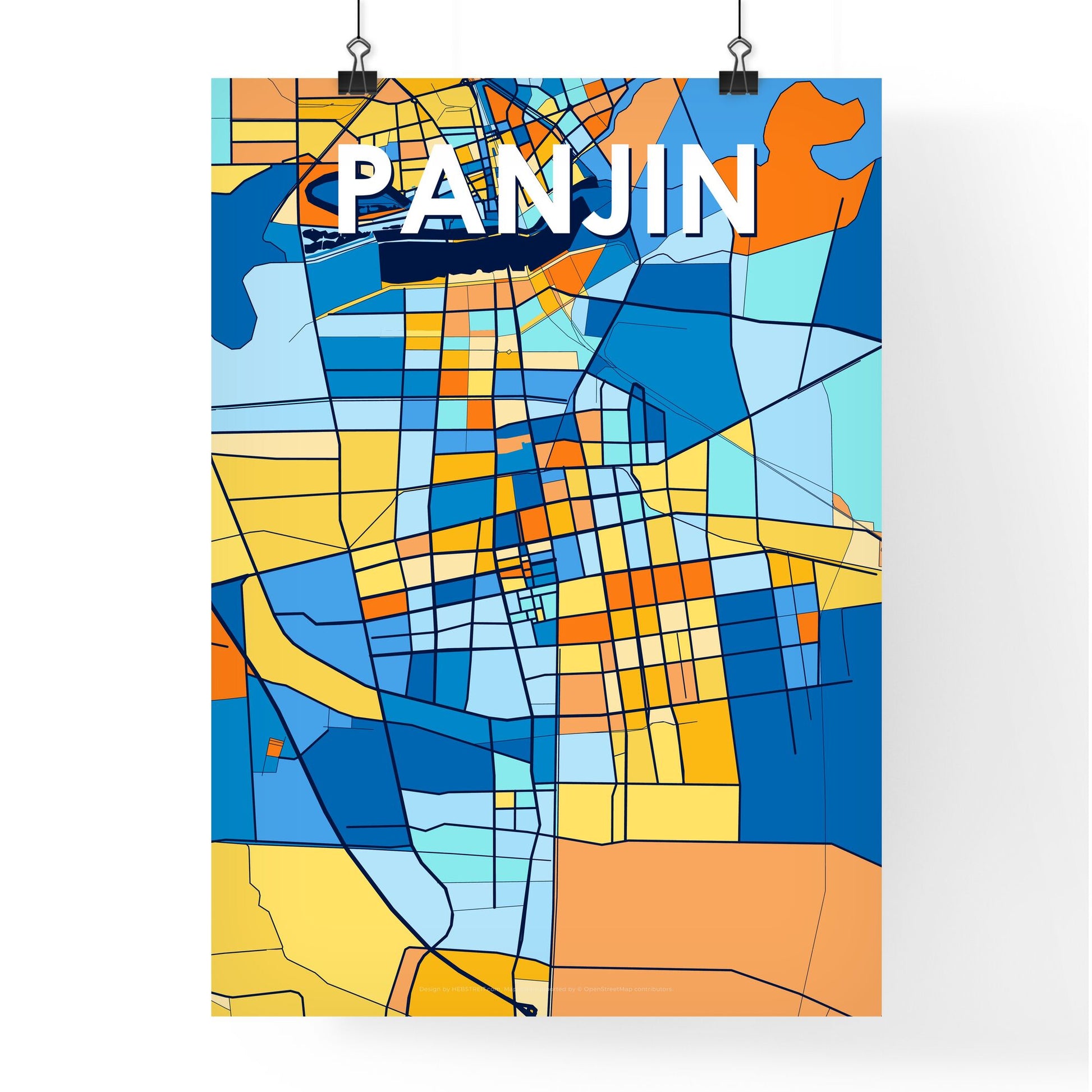 PANJIN CHINA Vibrant Colorful Art Map Poster Blue Orange