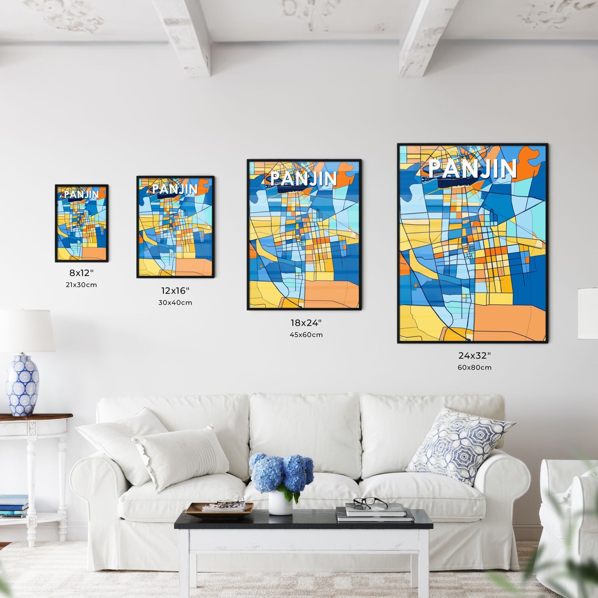 PANJIN CHINA Vibrant Colorful Art Map Poster Blue Orange