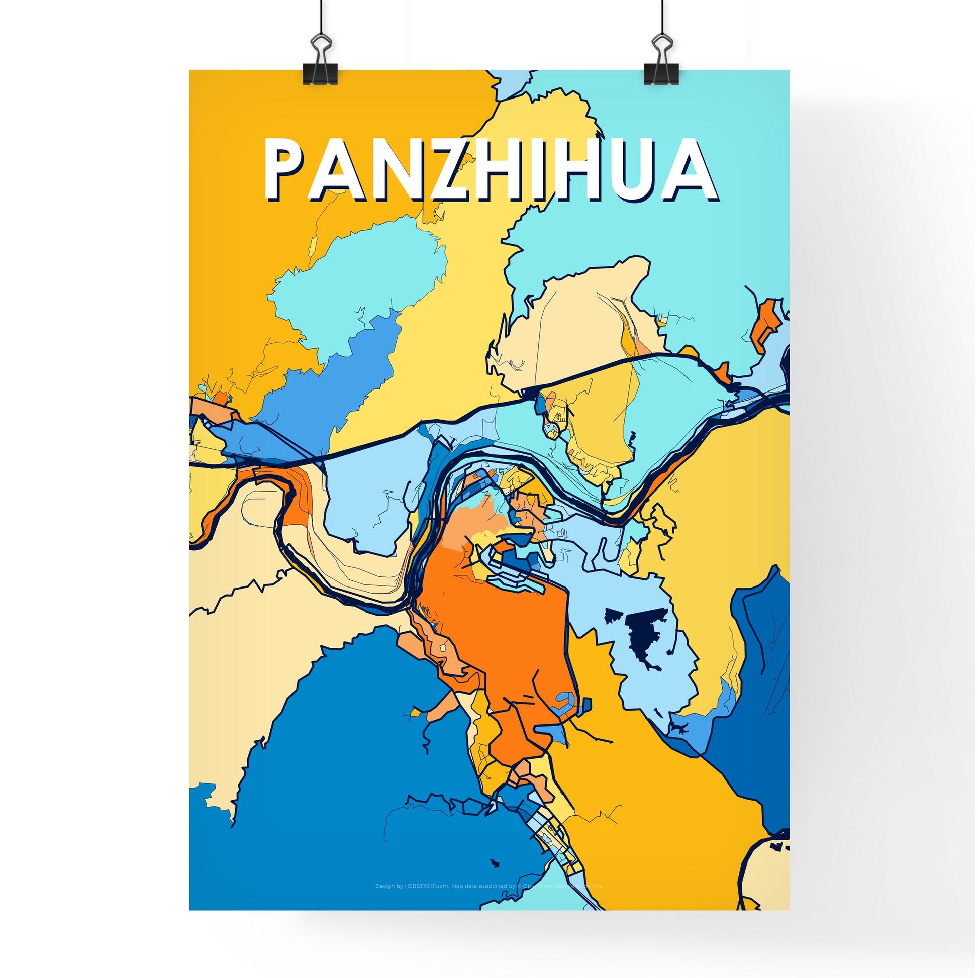 PANZHIHUA CHINA Vibrant Colorful Art Map Poster Blue Orange