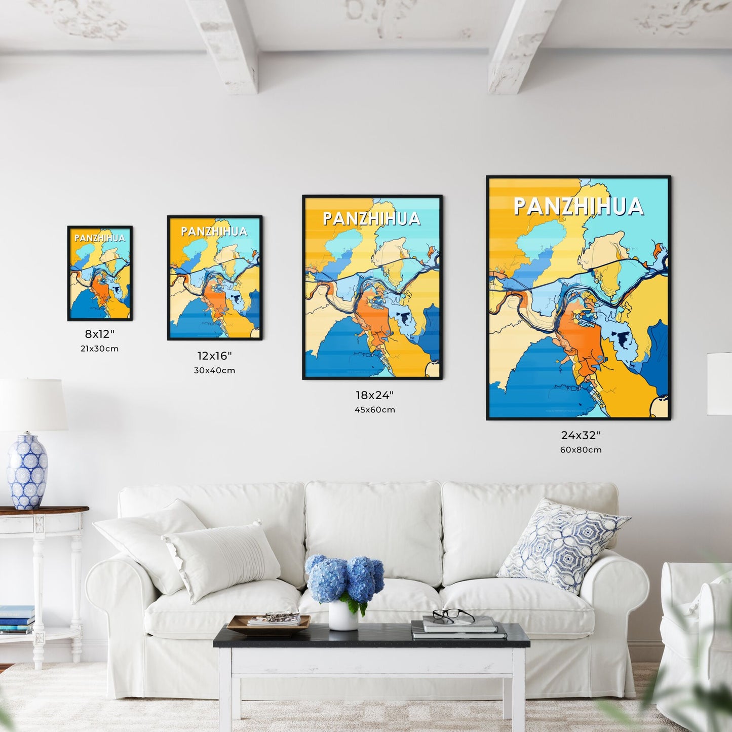 PANZHIHUA CHINA Vibrant Colorful Art Map Poster Blue Orange