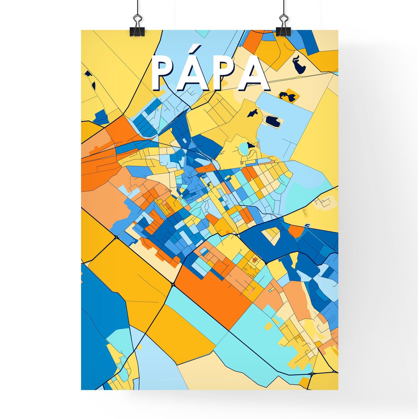 PÁPA HUNGARY Vibrant Colorful Art Map Poster Blue Orange