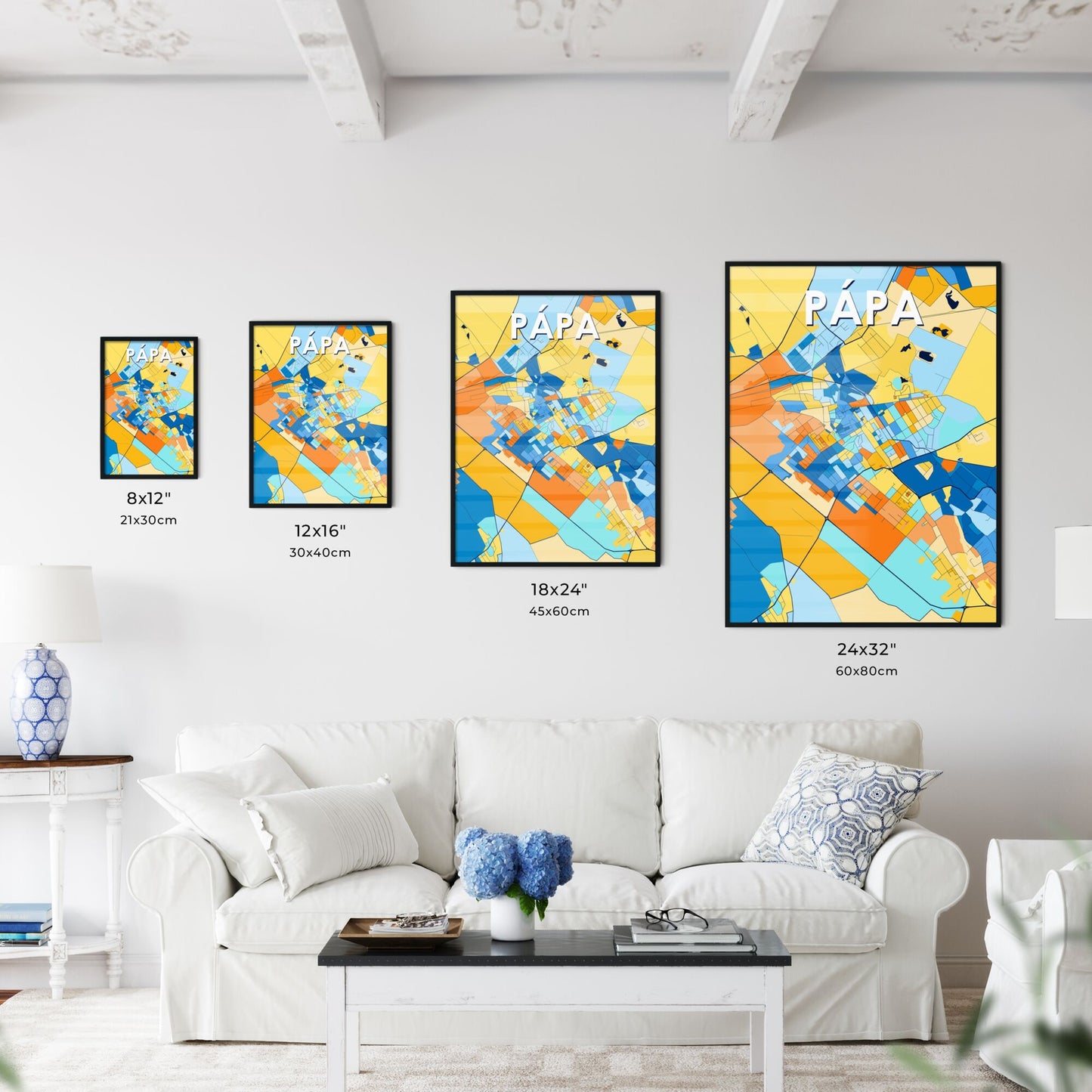 PÁPA HUNGARY Vibrant Colorful Art Map Poster Blue Orange