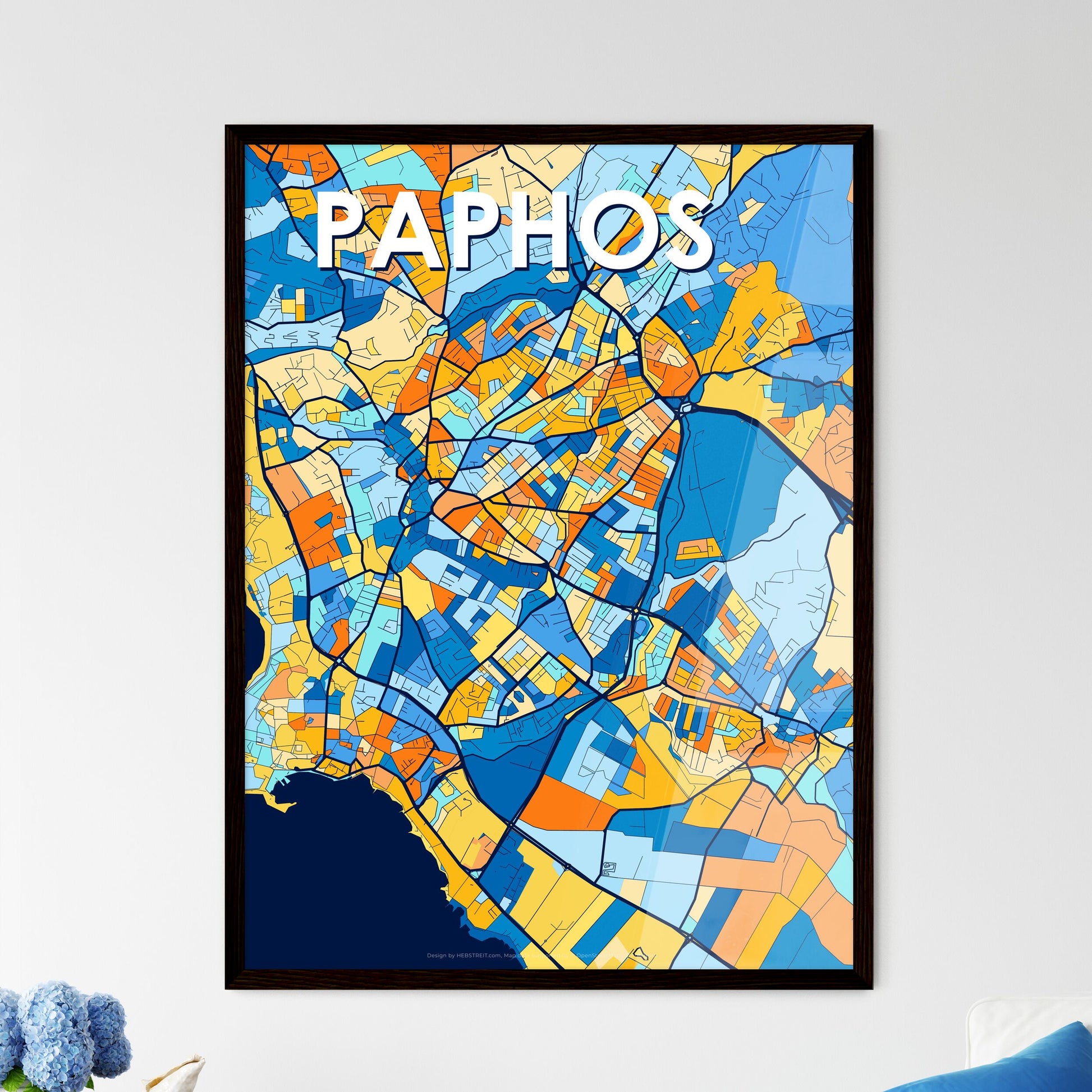 PAPHOS CYPRUS Vibrant Colorful Art Map Poster Blue Orange