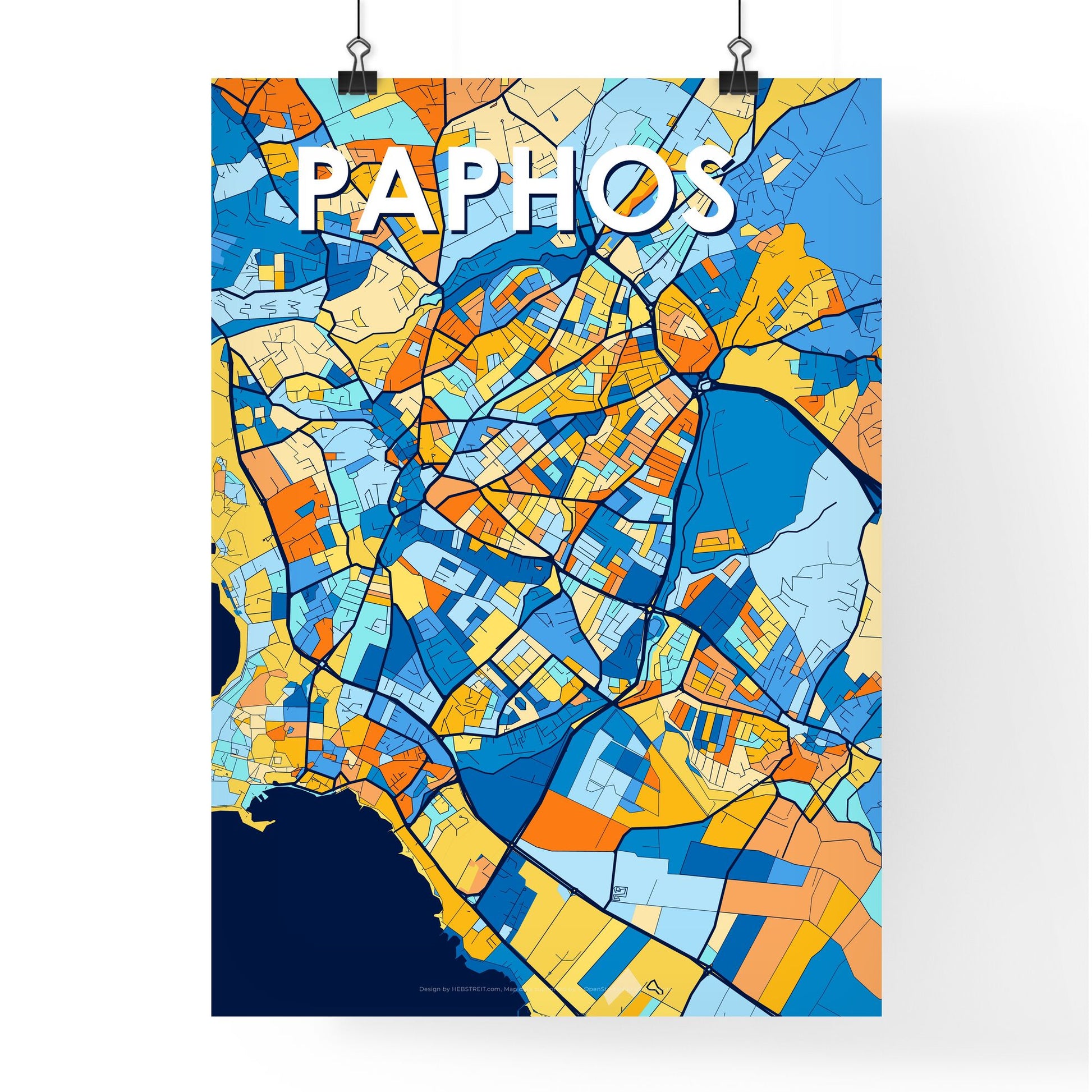 PAPHOS CYPRUS Vibrant Colorful Art Map Poster Blue Orange