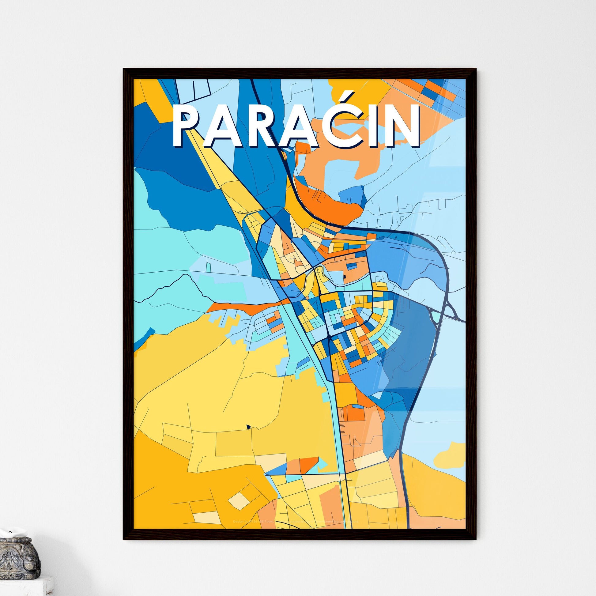 PARAĆIN SERBIA Vibrant Colorful Art Map Poster Blue Orange