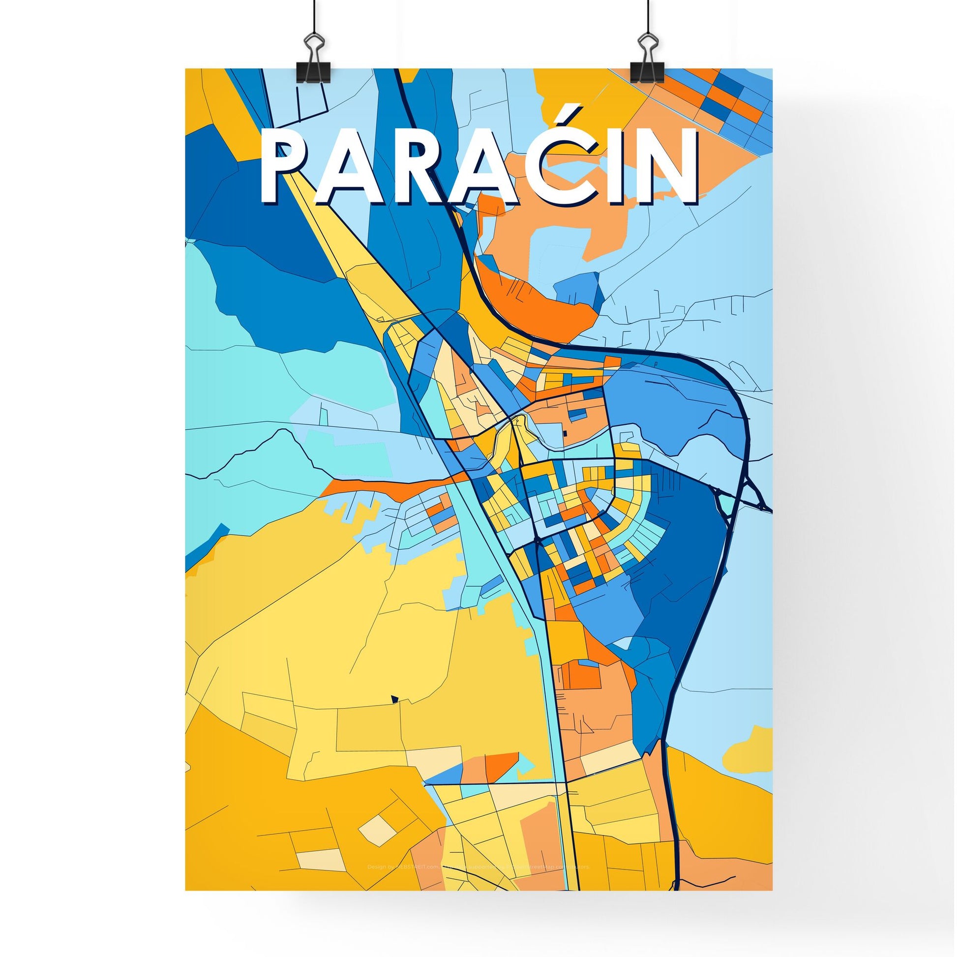 PARAĆIN SERBIA Vibrant Colorful Art Map Poster Blue Orange