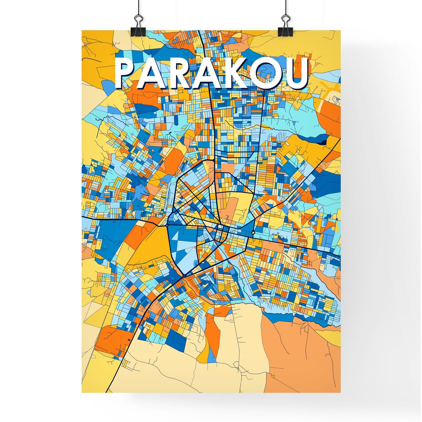 PARAKOU BENIN Vibrant Colorful Art Map Poster Blue Orange