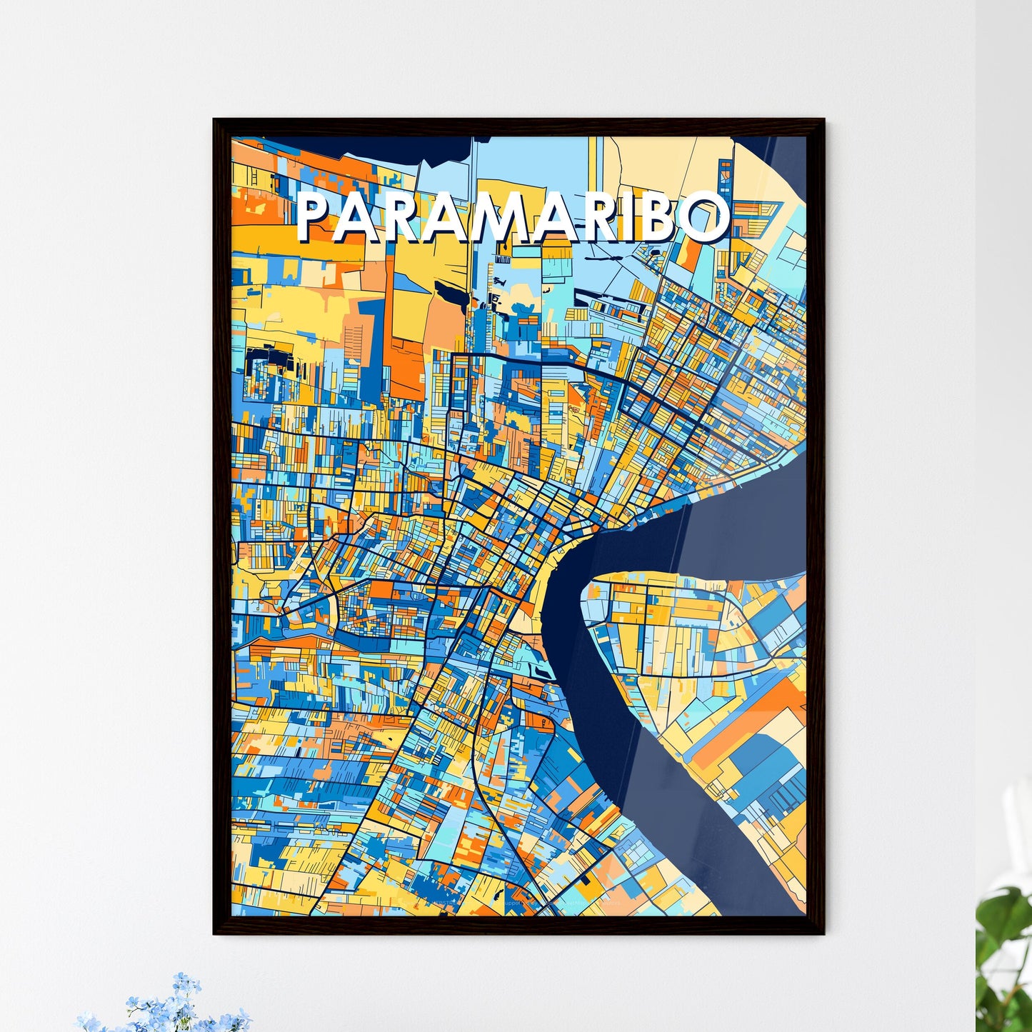 PARAMARIBO SURINAME Vibrant Colorful Art Map Poster Blue Orange