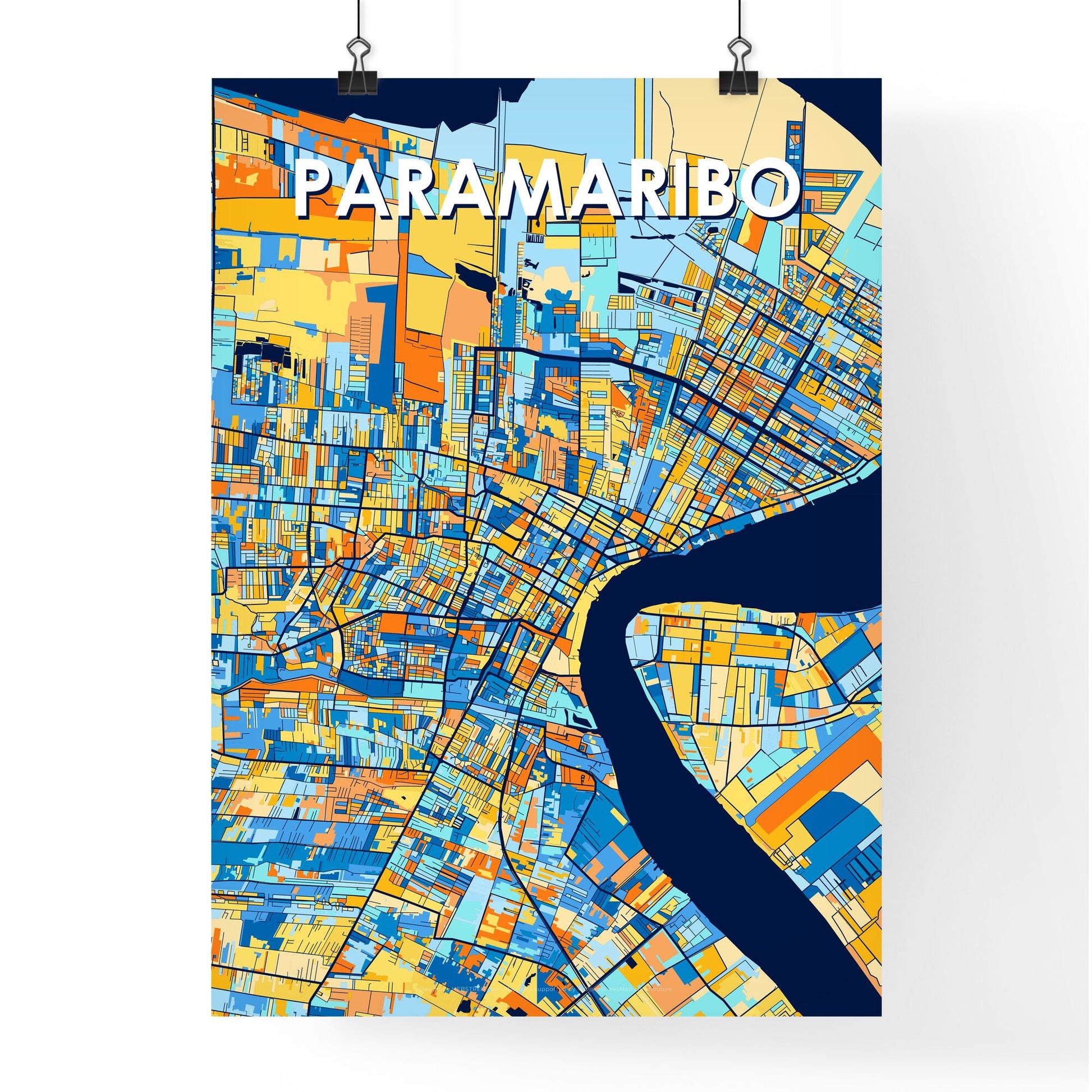 PARAMARIBO SURINAME Vibrant Colorful Art Map Poster Blue Orange