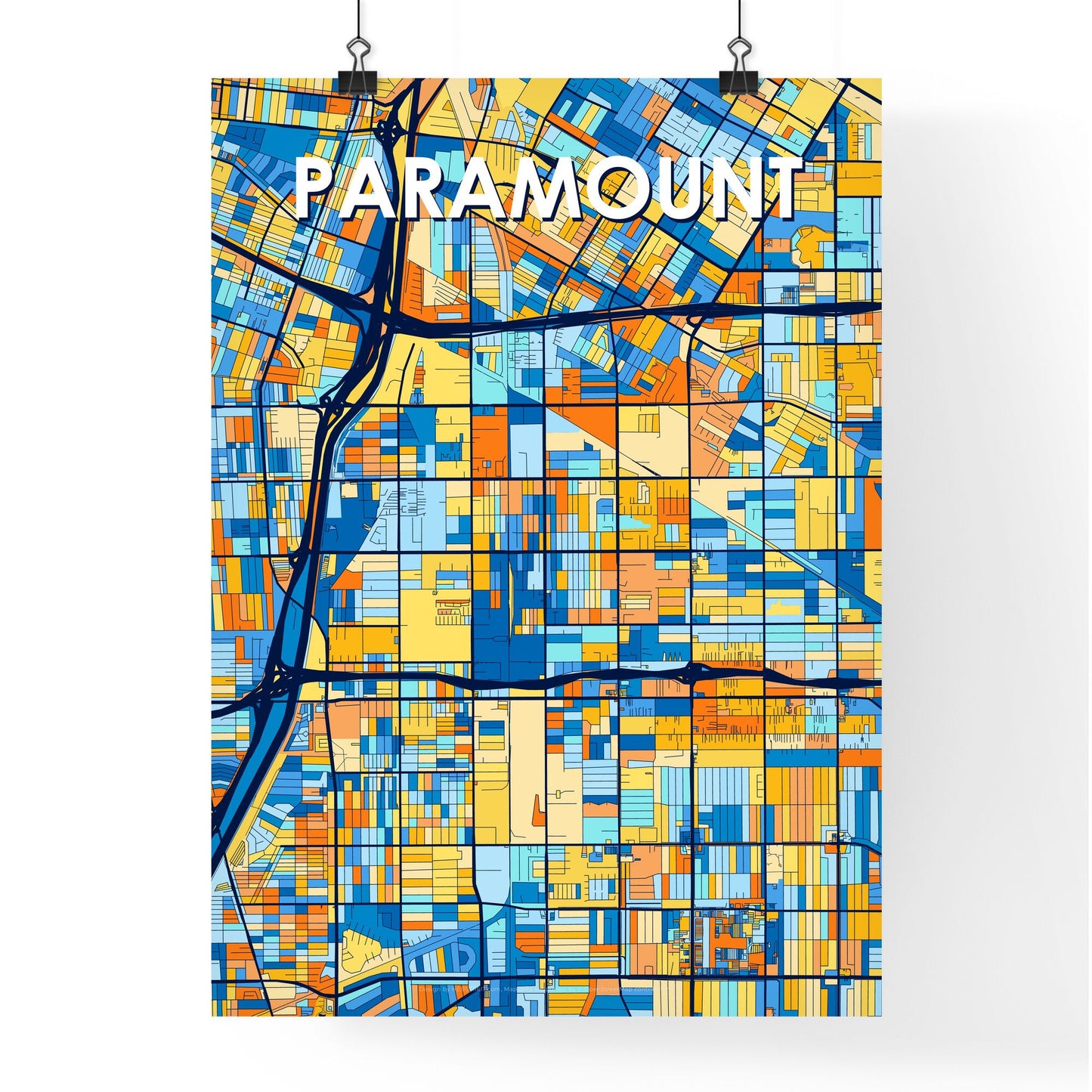 PARAMOUNT CALIFORNIA Vibrant Colorful Art Map Poster Blue Orange