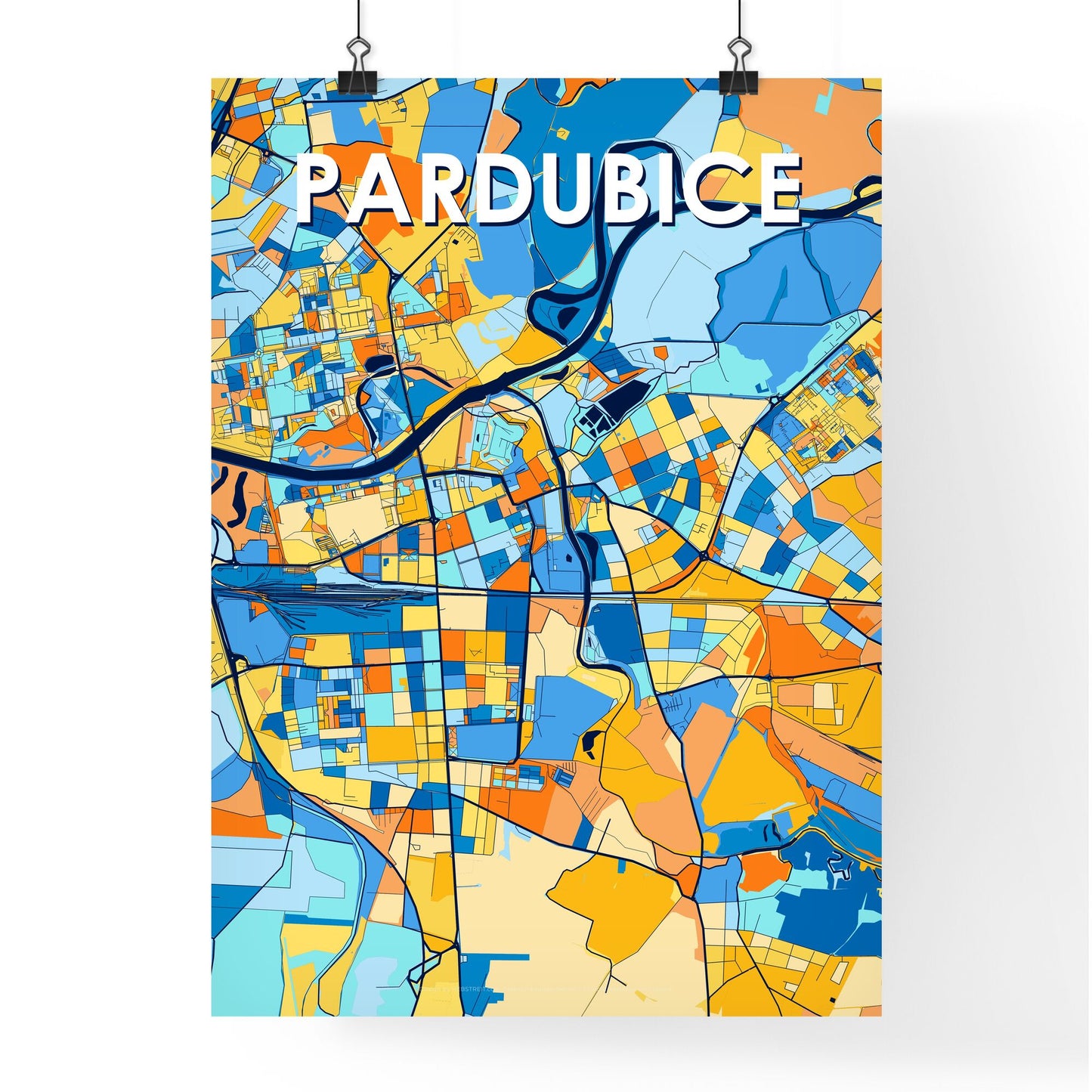 PARDUBICE CZECHIA Vibrant Colorful Art Map Poster Blue Orange