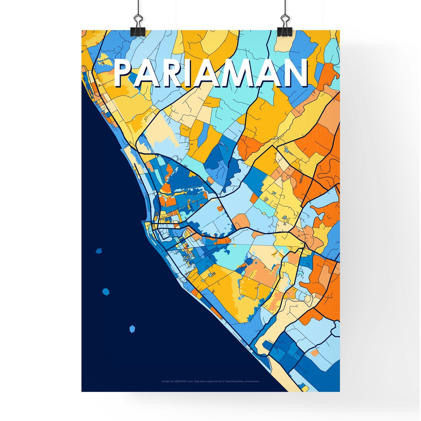 PARIAMAN INDONESIA Vibrant Colorful Art Map Poster Blue Orange