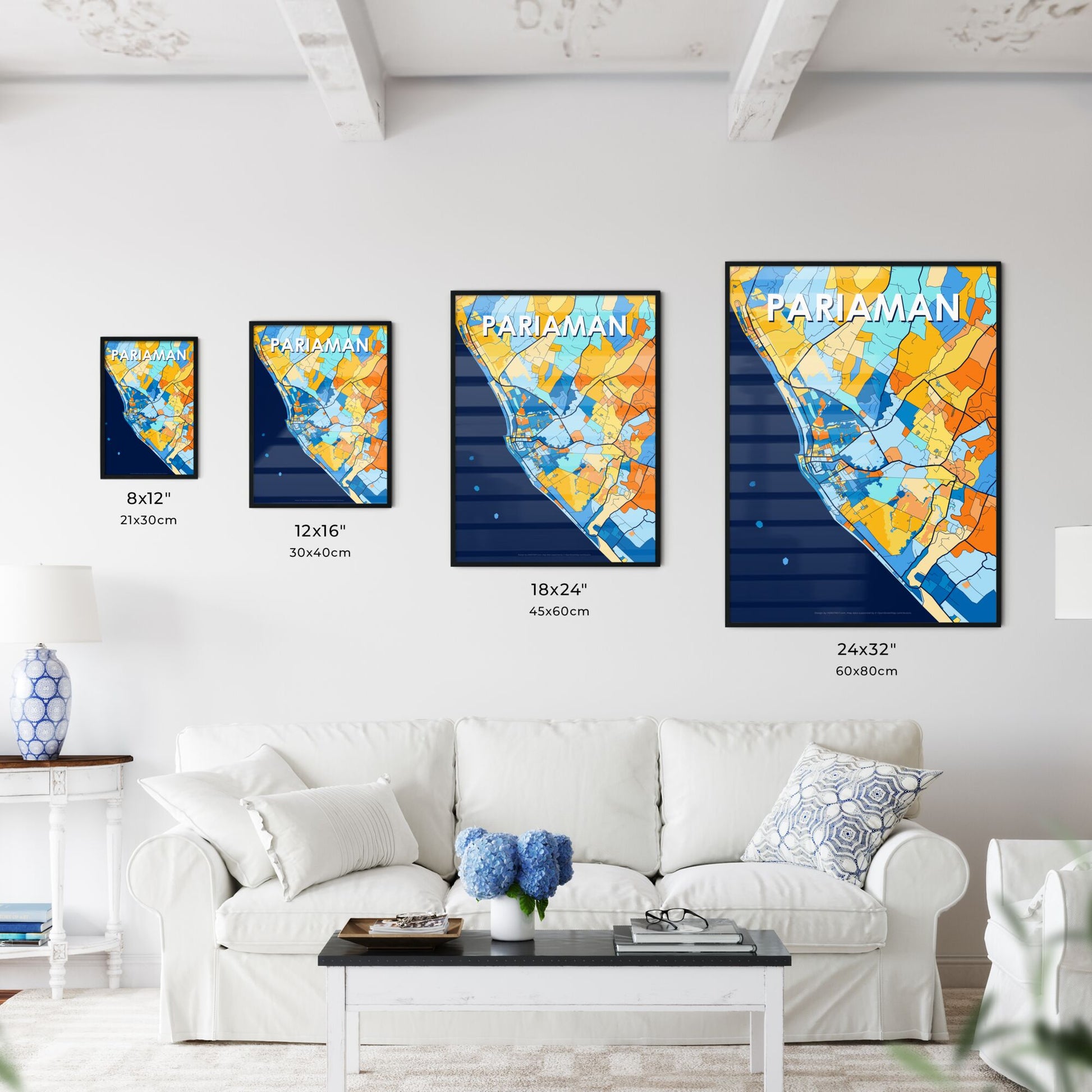 PARIAMAN INDONESIA Vibrant Colorful Art Map Poster Blue Orange