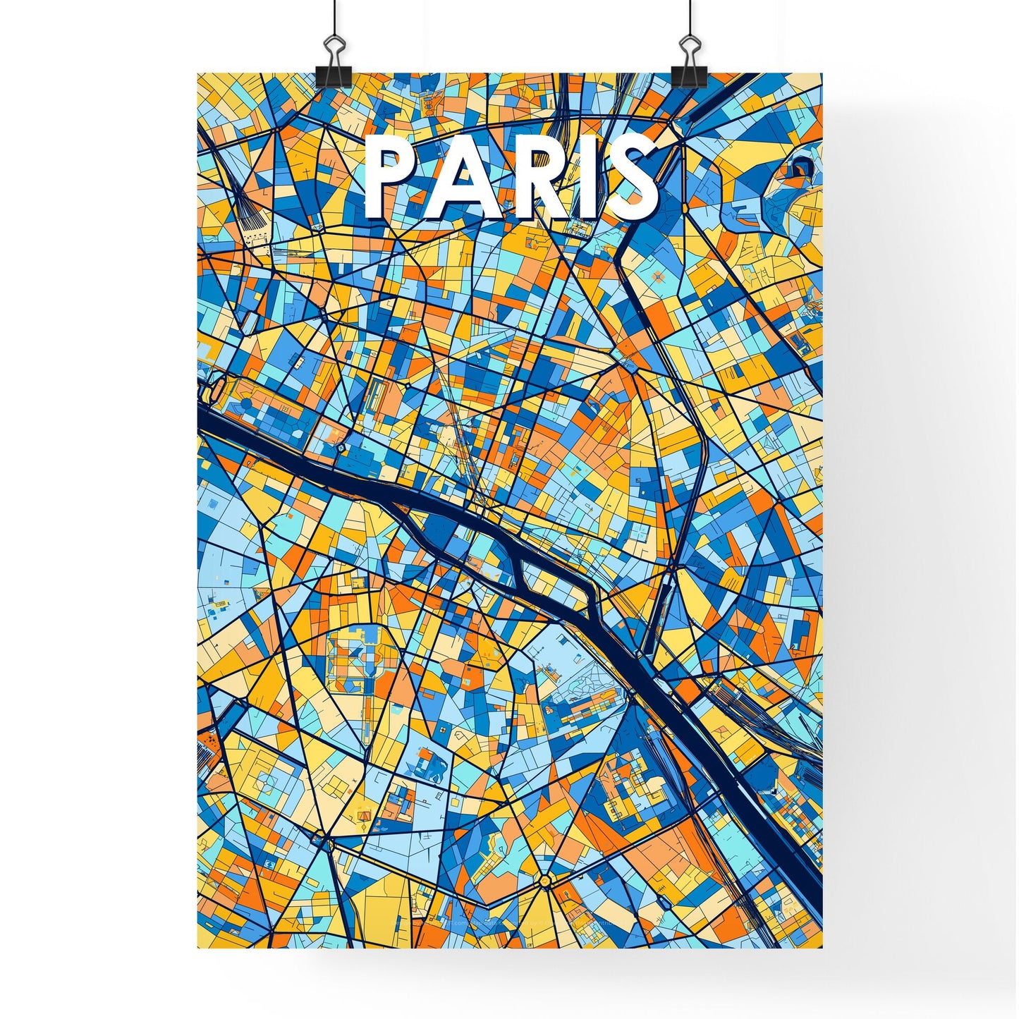 PARIS FRANCE Vibrant Colorful Art Map Poster Blue Orange