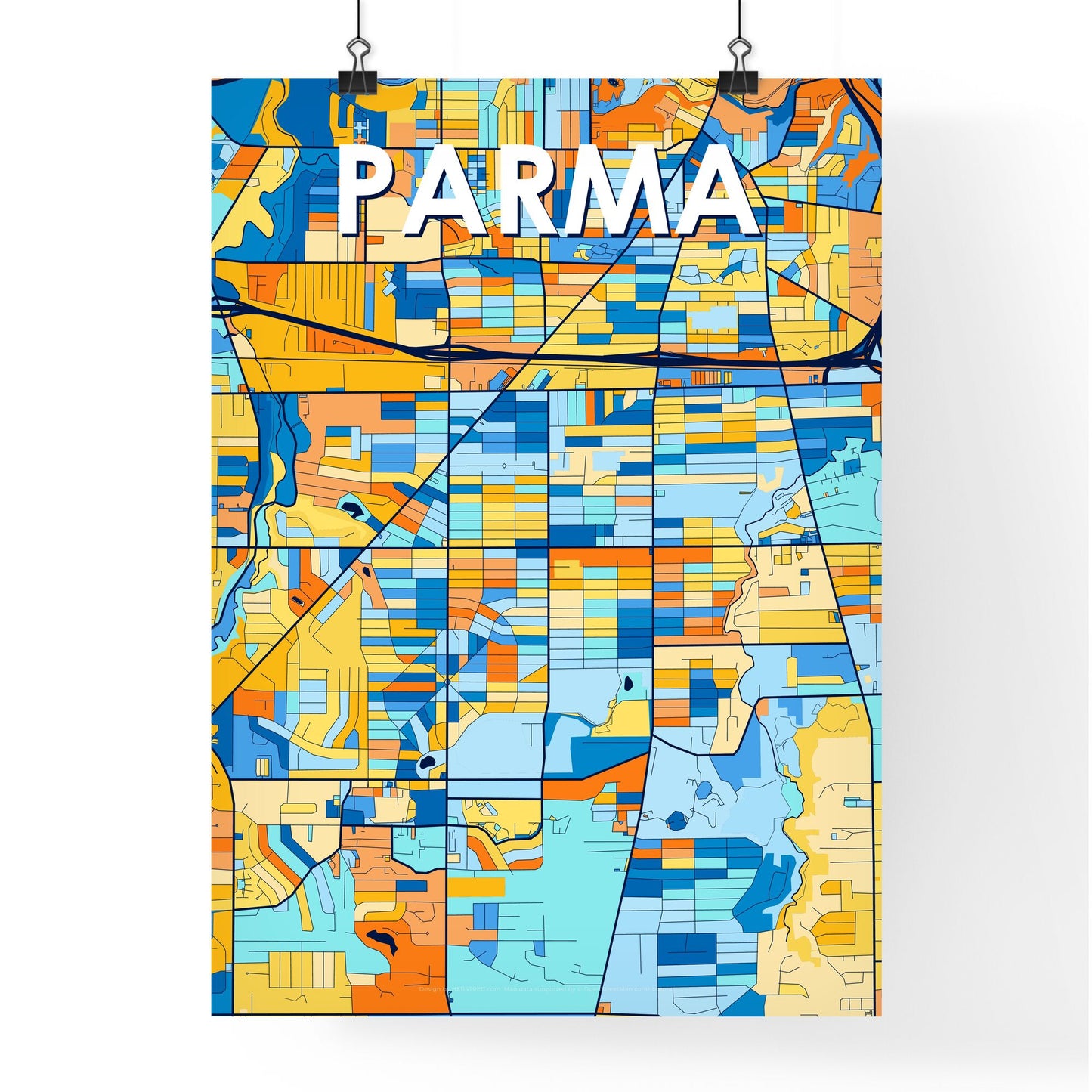 PARMA OHIO Vibrant Colorful Art Map Poster Blue Orange