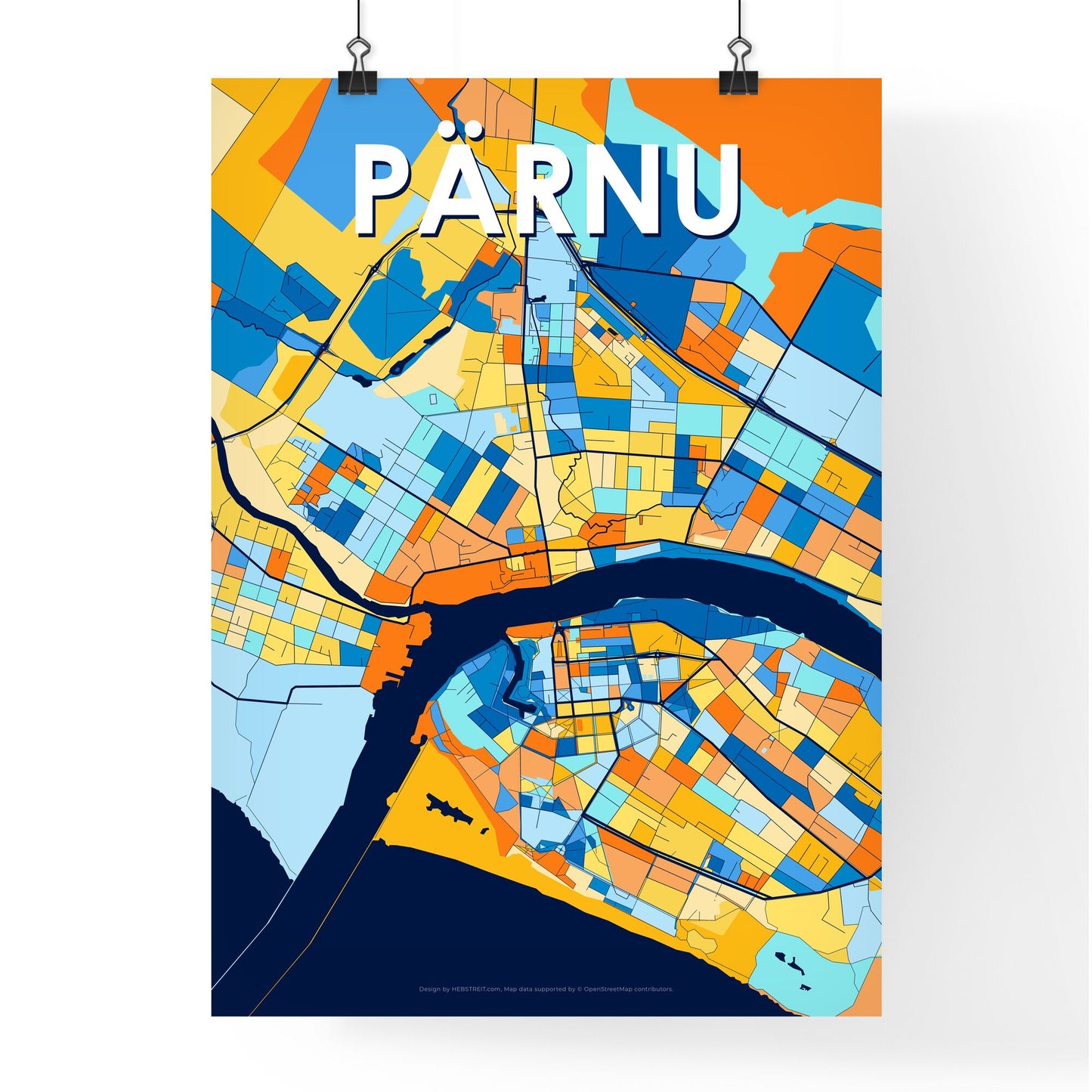 PÄRNU ESTONIA Vibrant Colorful Art Map Poster Blue Orange