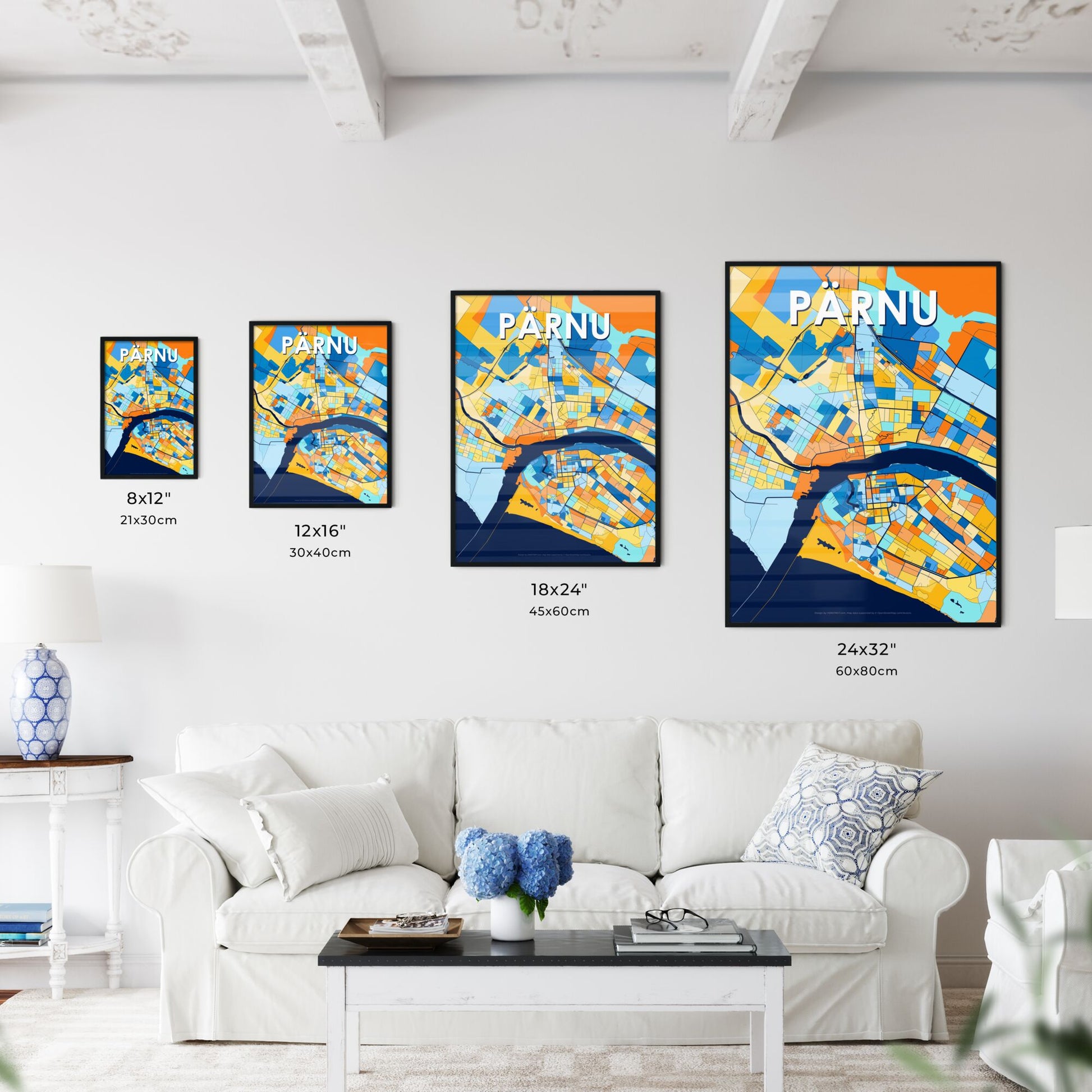 PÄRNU ESTONIA Vibrant Colorful Art Map Poster Blue Orange