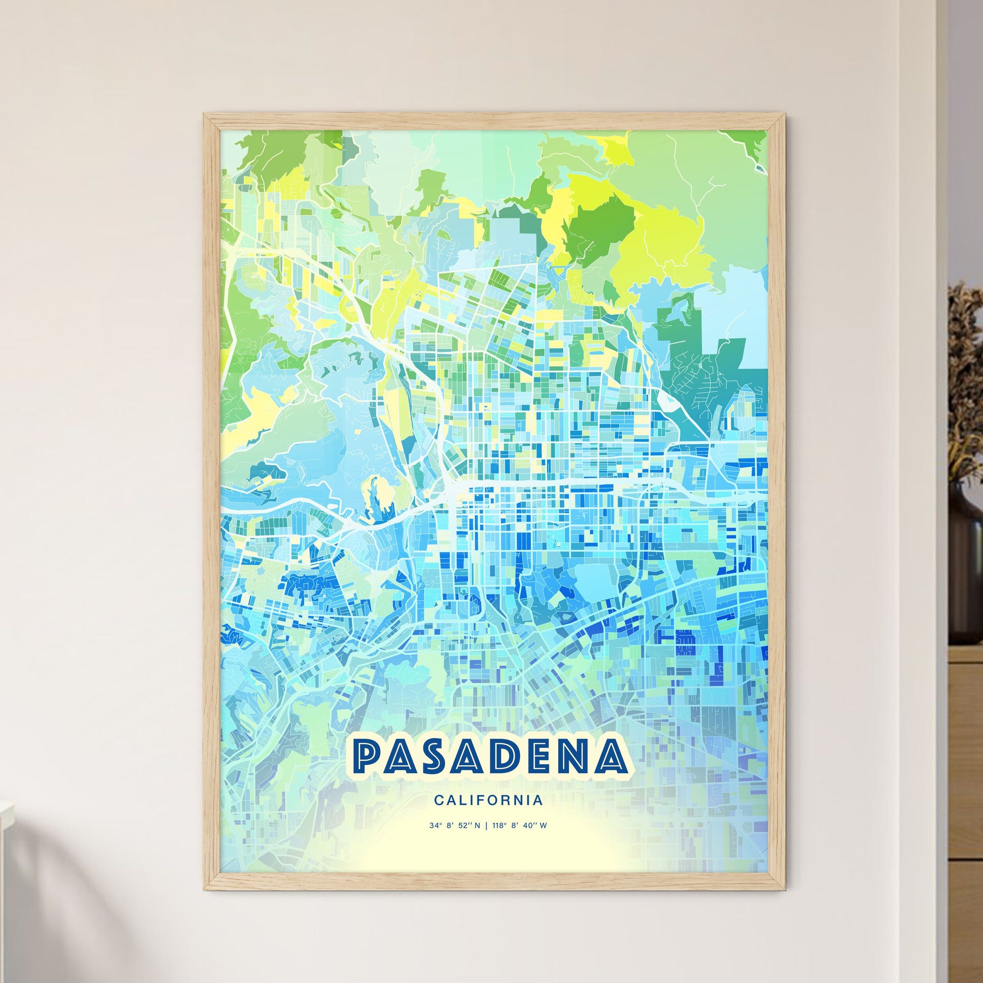 Colorful Pasadena California Fine Art Map Cool Blue