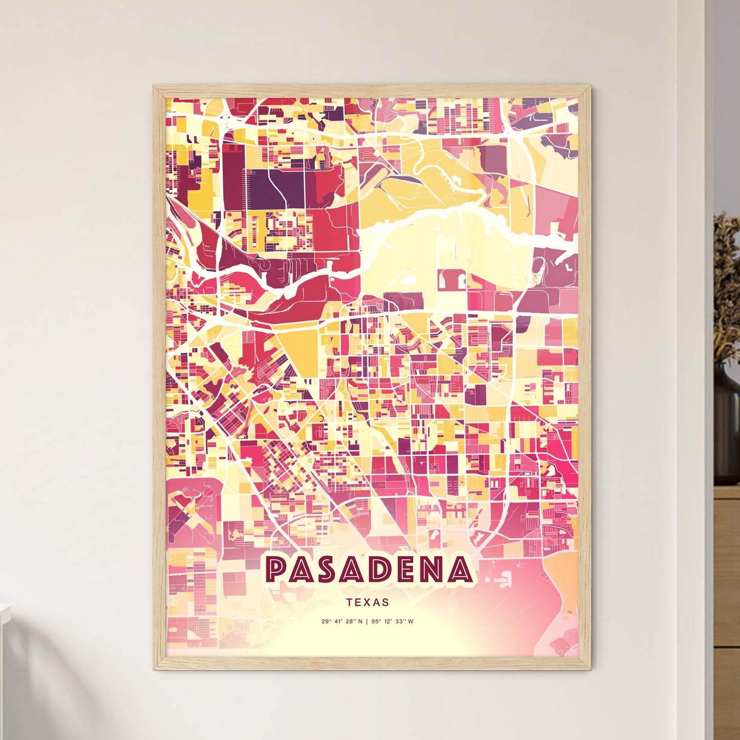 Colorful Pasadena Texas Fine Art Map Hot Red