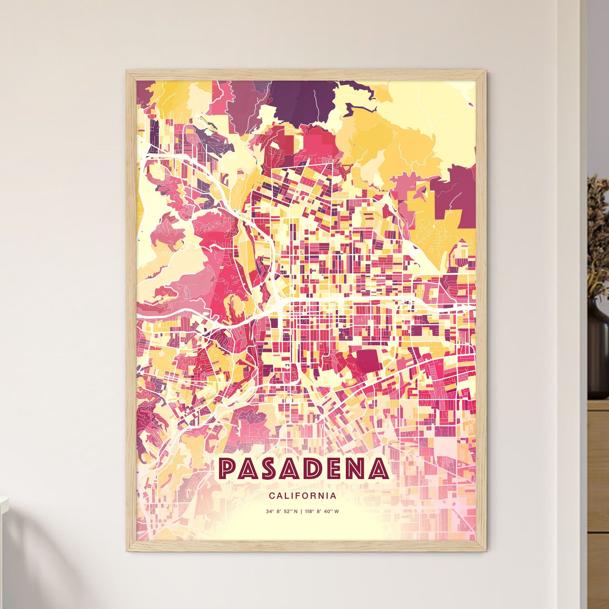 Colorful Pasadena California Fine Art Map Hot Red