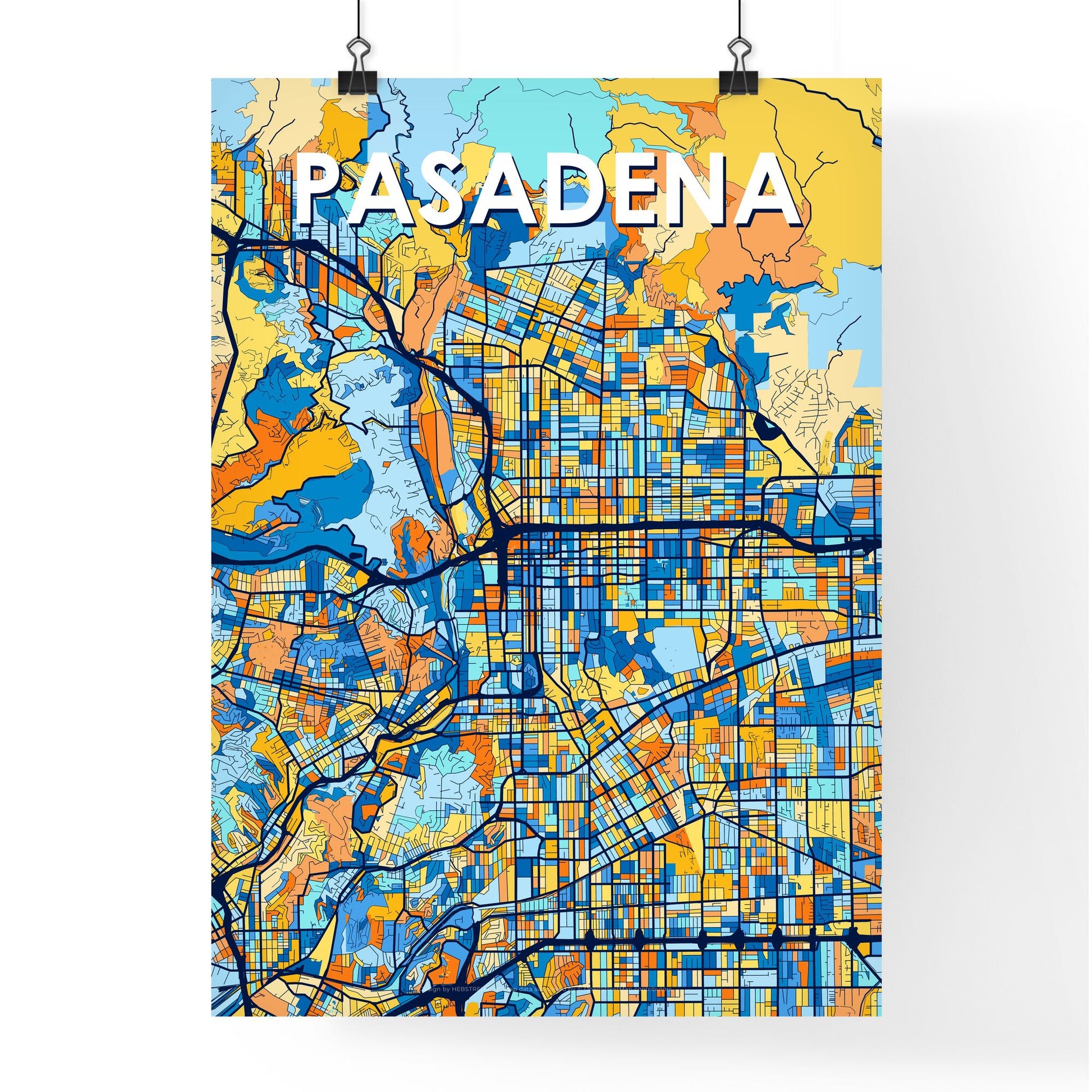 PASADENA CALIFORNIA Vibrant Colorful Art Map Poster Blue Orange