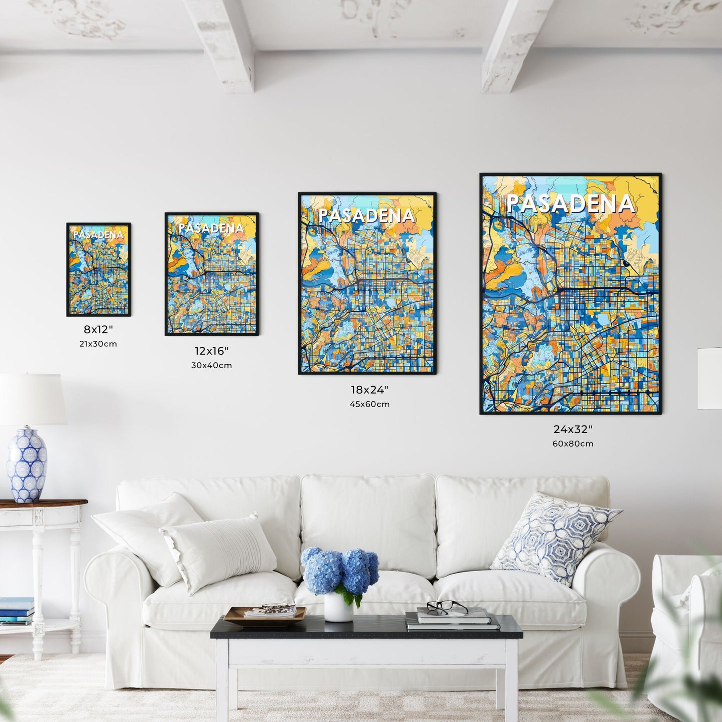 PASADENA CALIFORNIA Vibrant Colorful Art Map Poster Blue Orange