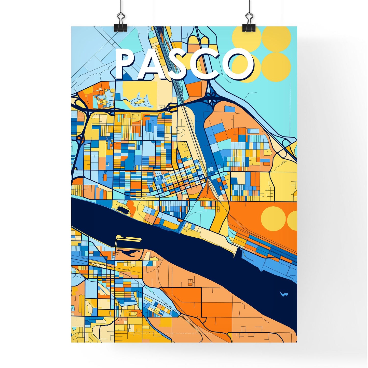 PASCO WASHINGTON Vibrant Colorful Art Map Poster Blue Orange