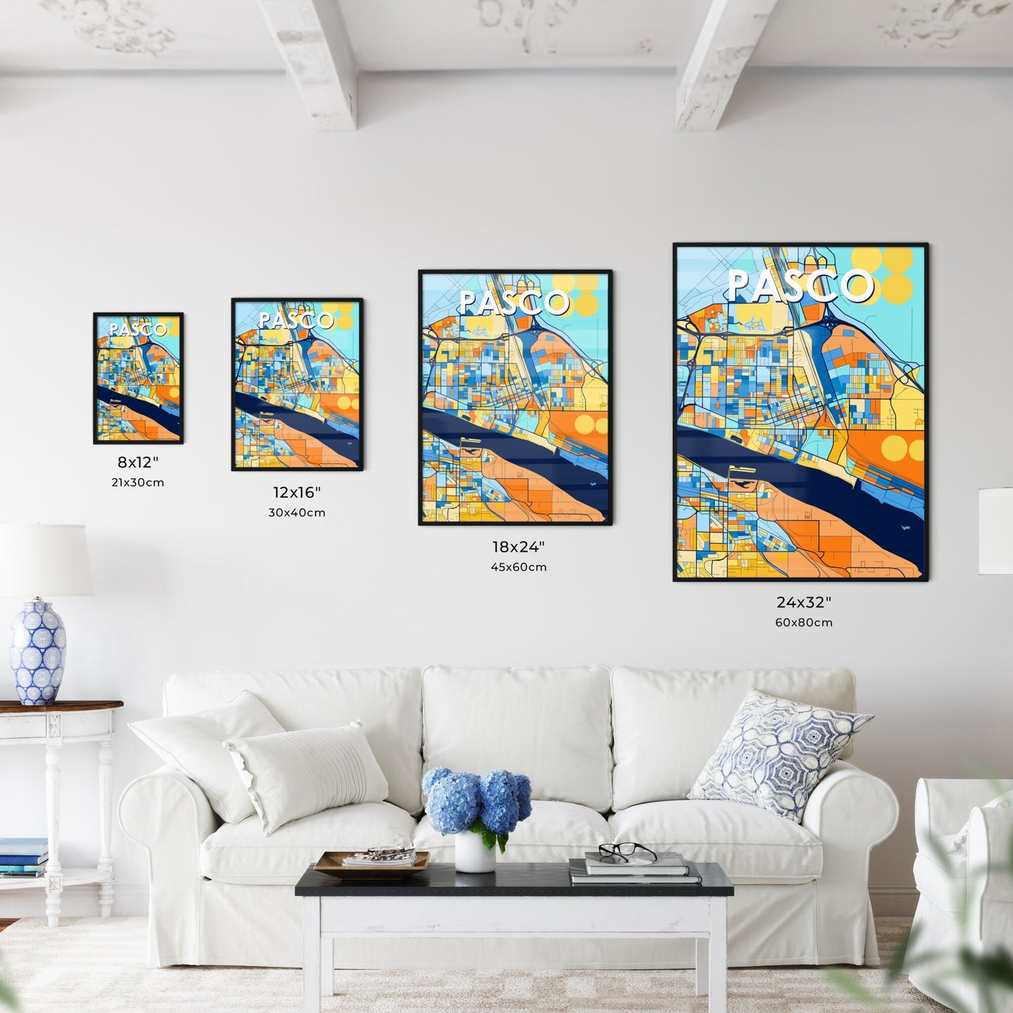 PASCO WASHINGTON Vibrant Colorful Art Map Poster Blue Orange