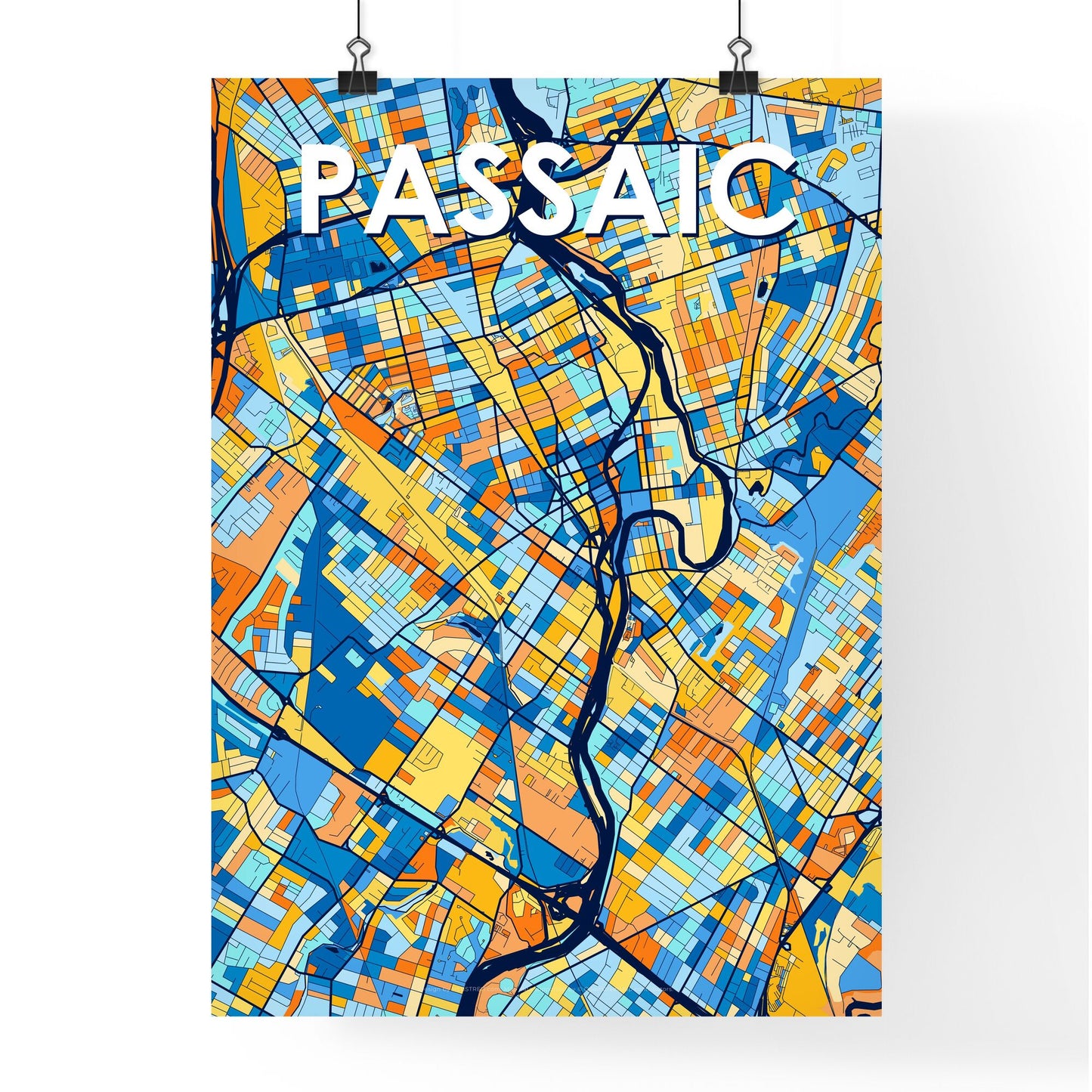 PASSAIC NEW JERSEY Vibrant Colorful Art Map Poster Blue Orange