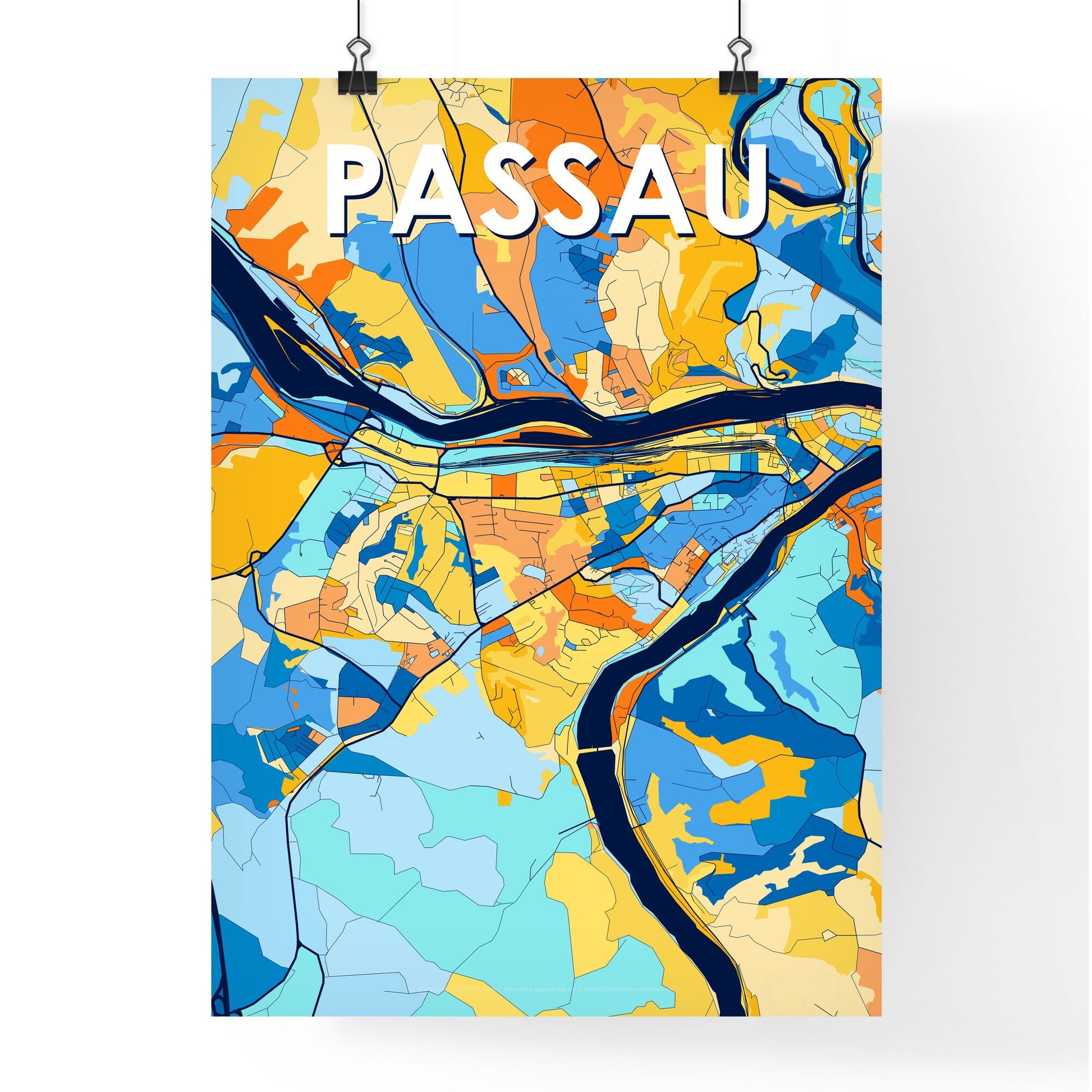 PASSAU GERMANY Vibrant Colorful Art Map Poster Blue Orange